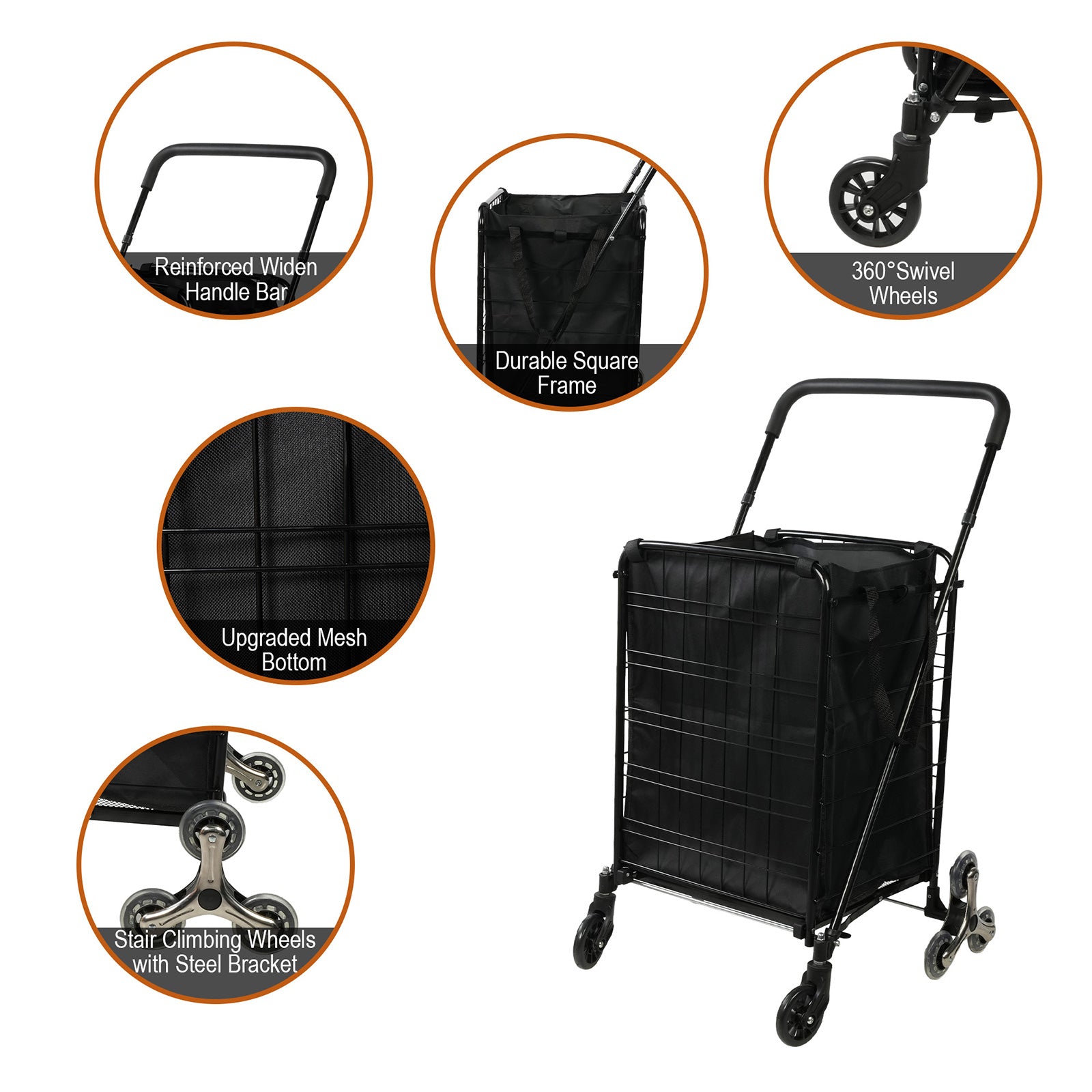 Folding Shopping Cart with Wheels and Removable Cloth Liner Holds Up to 77 Lbs.