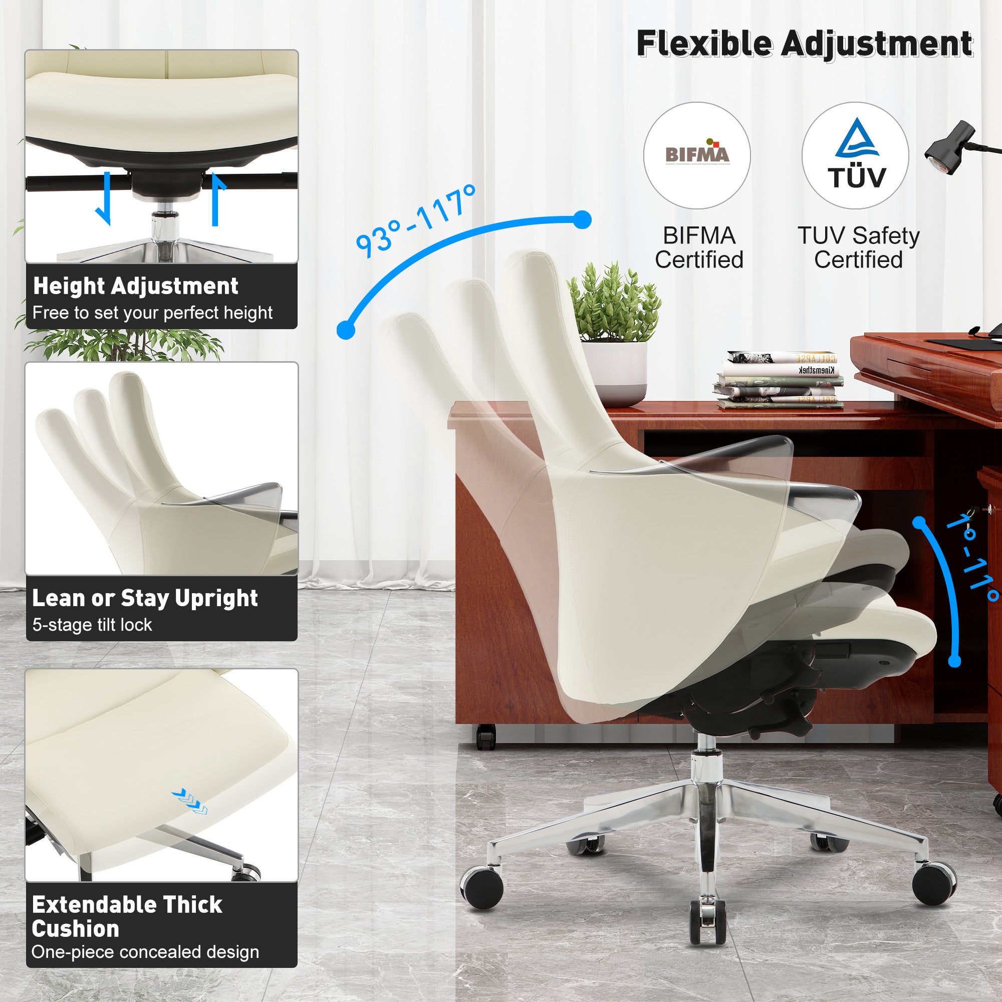 Low Back Executive Chair, Ergonomic Leather Office Chair with Adjustable Height and Tilt Function and 360° Swivel Office Chair,White