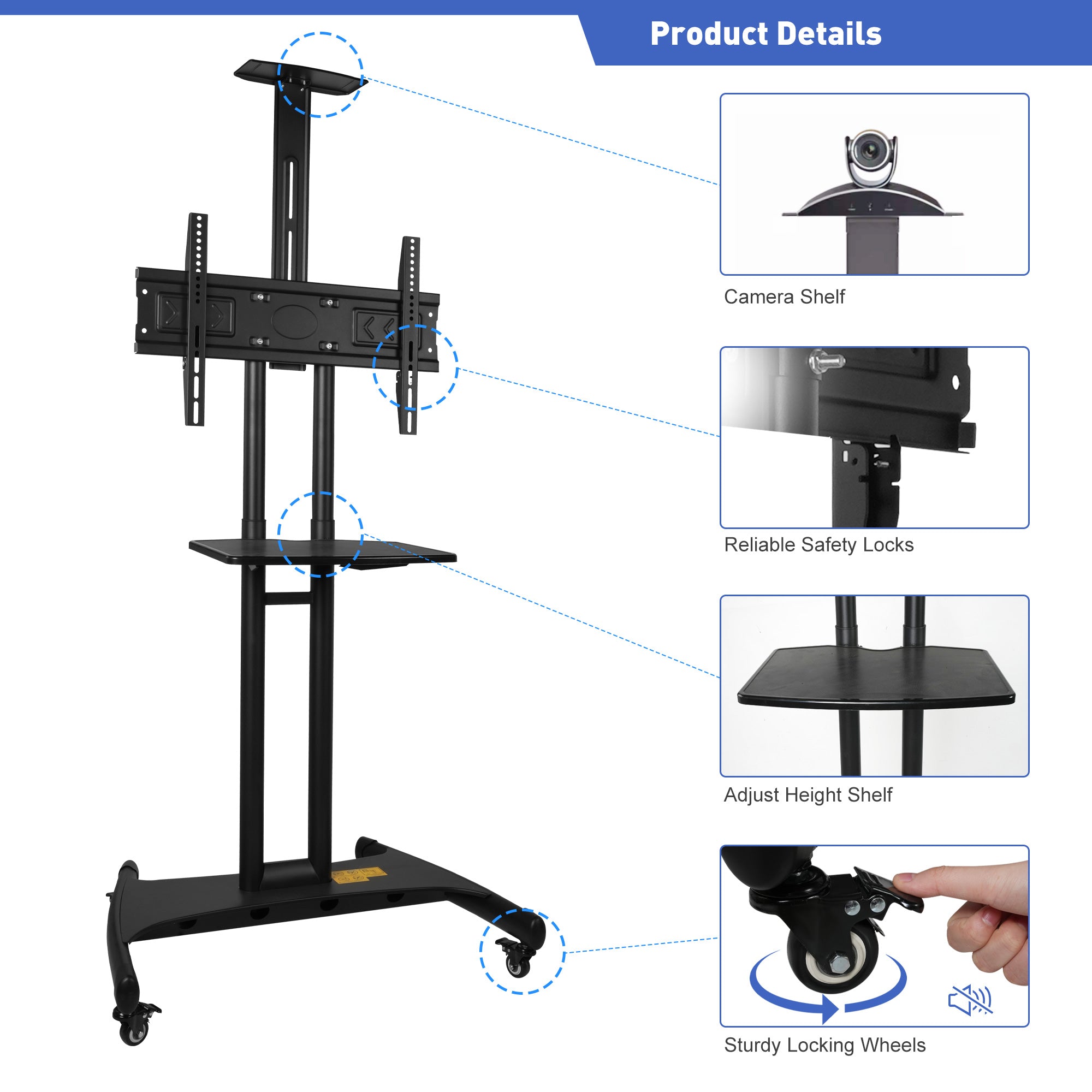 Portable Mobile TV Stand with Wheels for 32-70 Inch Flat Screen TVs - Tall TV Cart with Adjustable Height AV/Camera Shelf, Supports Up to 100lbs, Max VESA 600x400mm