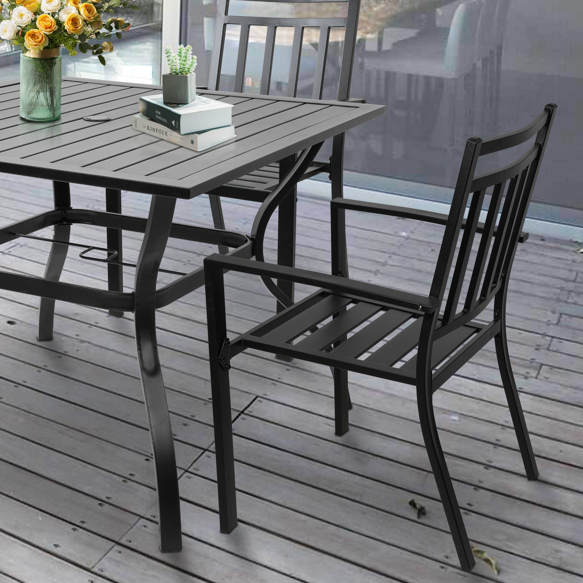 Patio Dining Chairs Set of 2 Outdoor Stackable Arm Chairs, Black