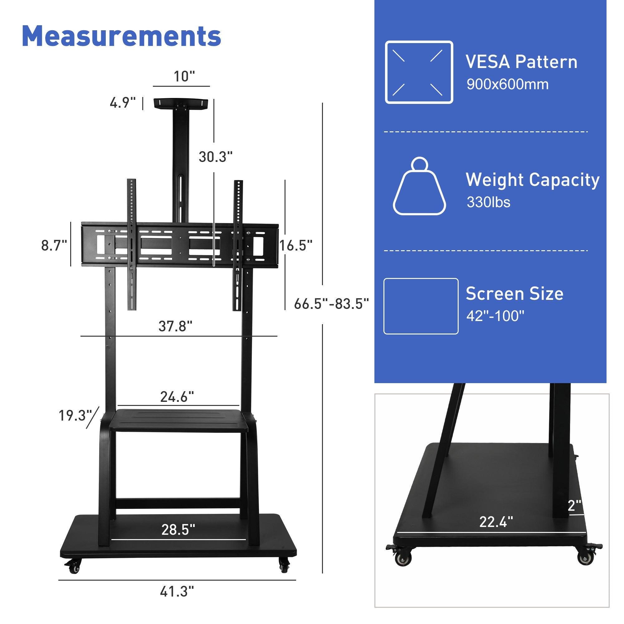 Mobile TV Stand with Wheels for 42-100 Inch Flat Screen TVs - Portable Tall TV Cart with Adjustable Height, Camera Shelf, Holds Up to 330lbs, Max VESA 900x600mm