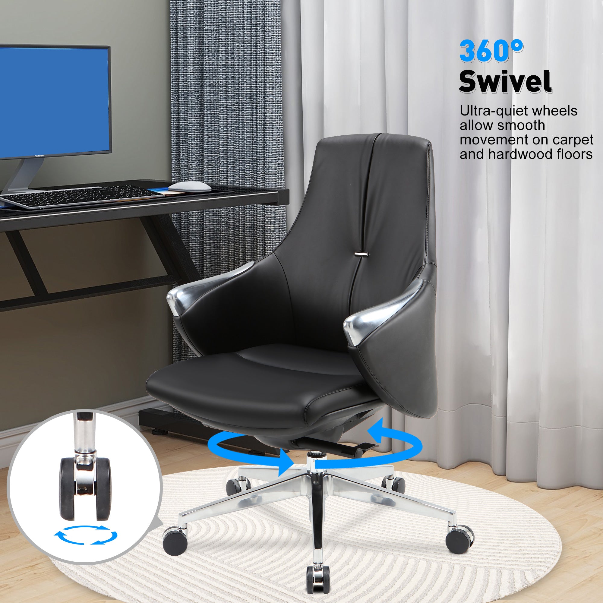 Black Executive Office Chair, Ergonomic Leather Office Chair with Adjustable Height and Tilt Function, 360° Swivel, Computer Desk Chair for Office Home Work