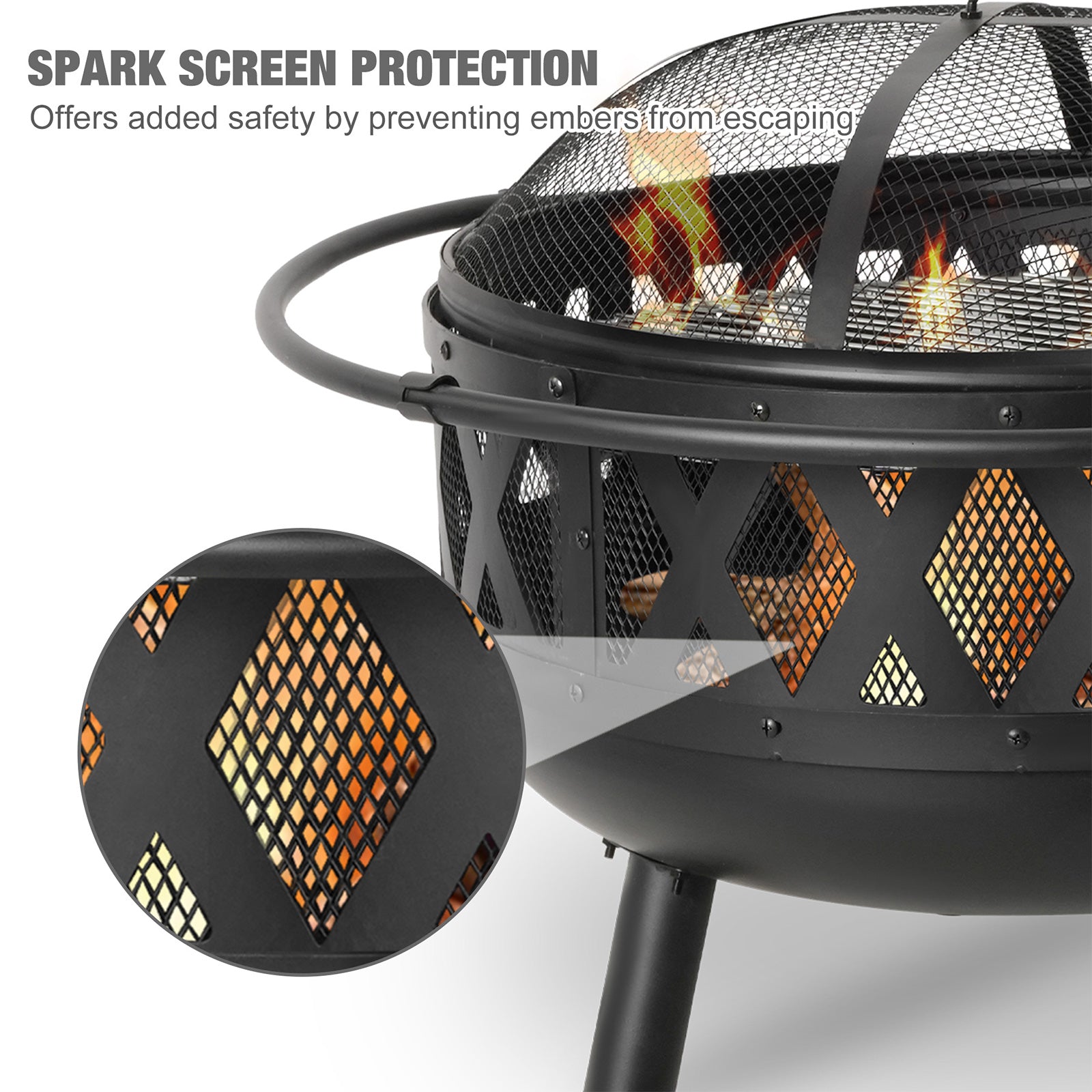 Round Outdoor Wood Burning Fire Pit 22.8" with Steel BBQ Grill, Spark Screen and Poker