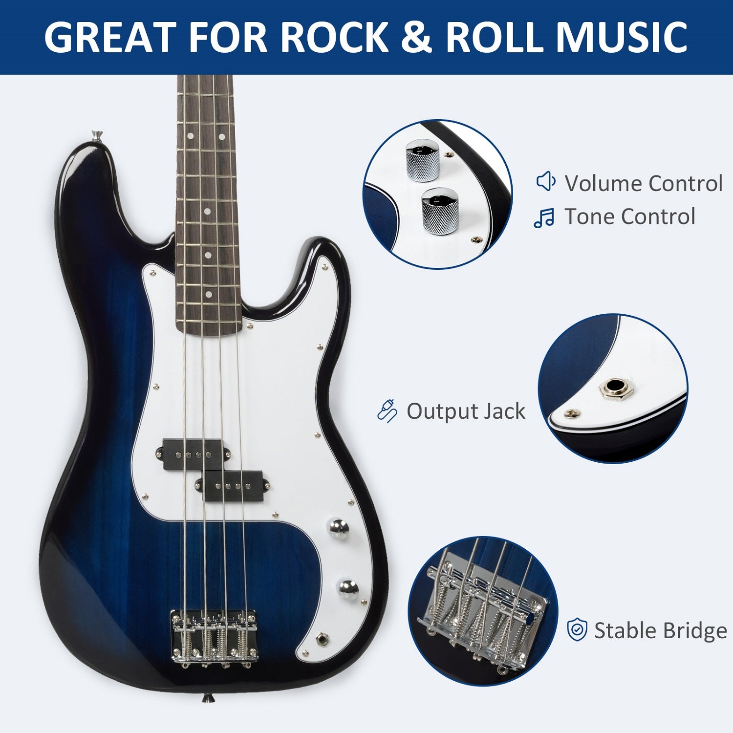 4-string Electric Bass Guitar Full Size Standard Bass PB Style Beginner Set Starter Strap, 15W amp, bass guitar cord, 3 picks, Wrench