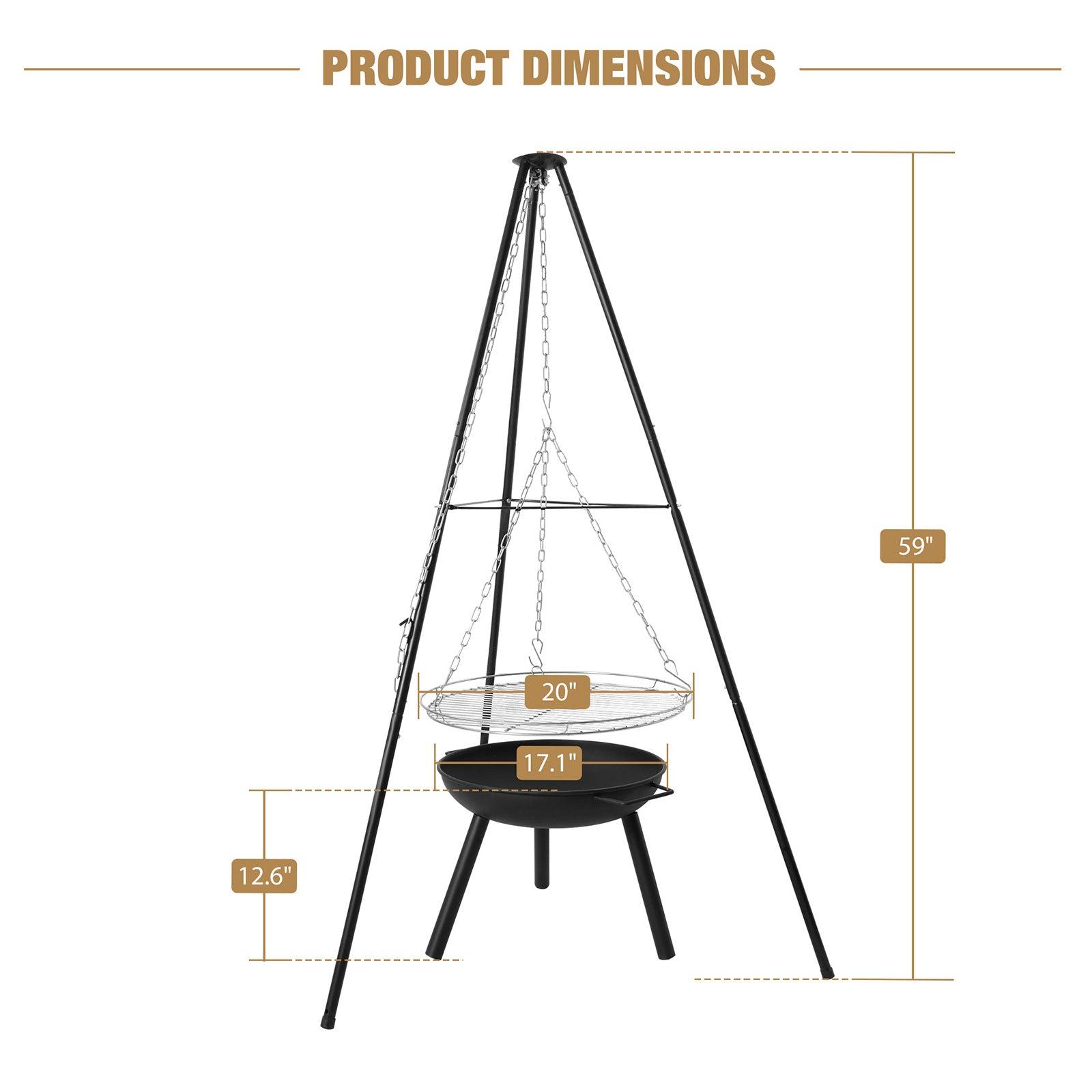 (Out of Stock) Outdoor Height Adjustable Wood Burning Fire Pit Tripod Cooking Grill with Round Grill Grate