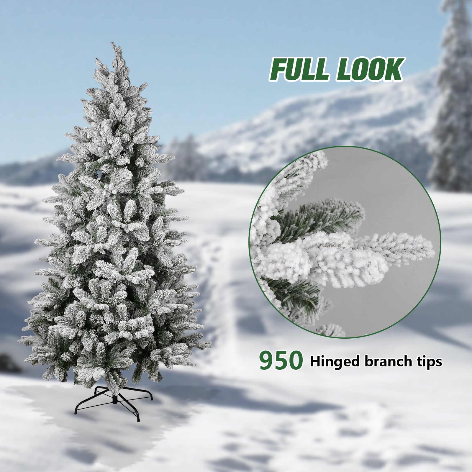 6.9' Artificial Christmas Pine Tree Snow Flocked Xmas Tree with 950 Branch Tips