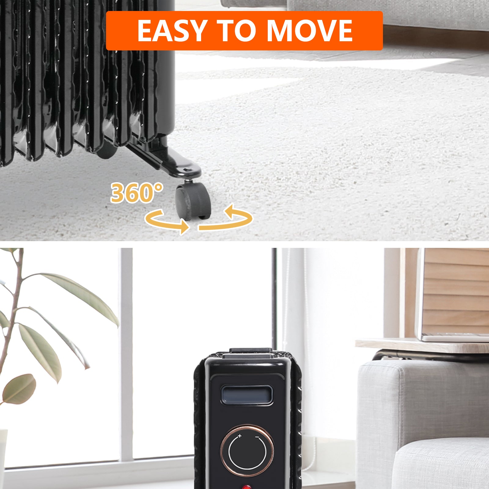 1500W Portable Electric Radiator Oil Filled Heater With 3 Heating Modes, Adjustable Thermostat, Black