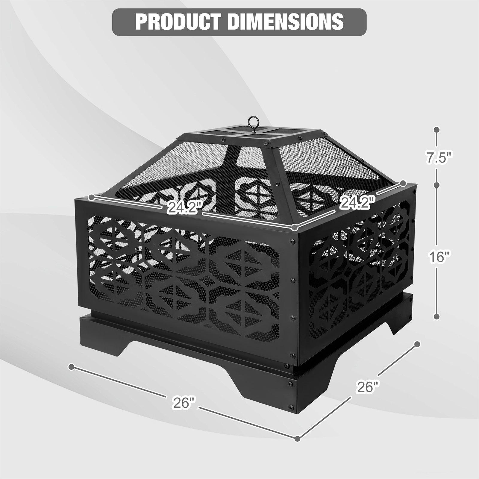 Square Outdoor Wood Burning Fire Pit 26" with Steel BBQ Grill, Spark Screen and Poker