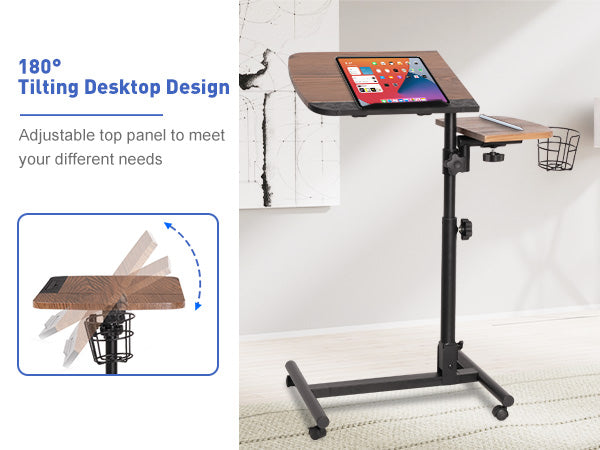 Versatile Mobile Laptop Cart: Height Adjustable Stand with Wheels, Cup Holder, and Lockable Wheels