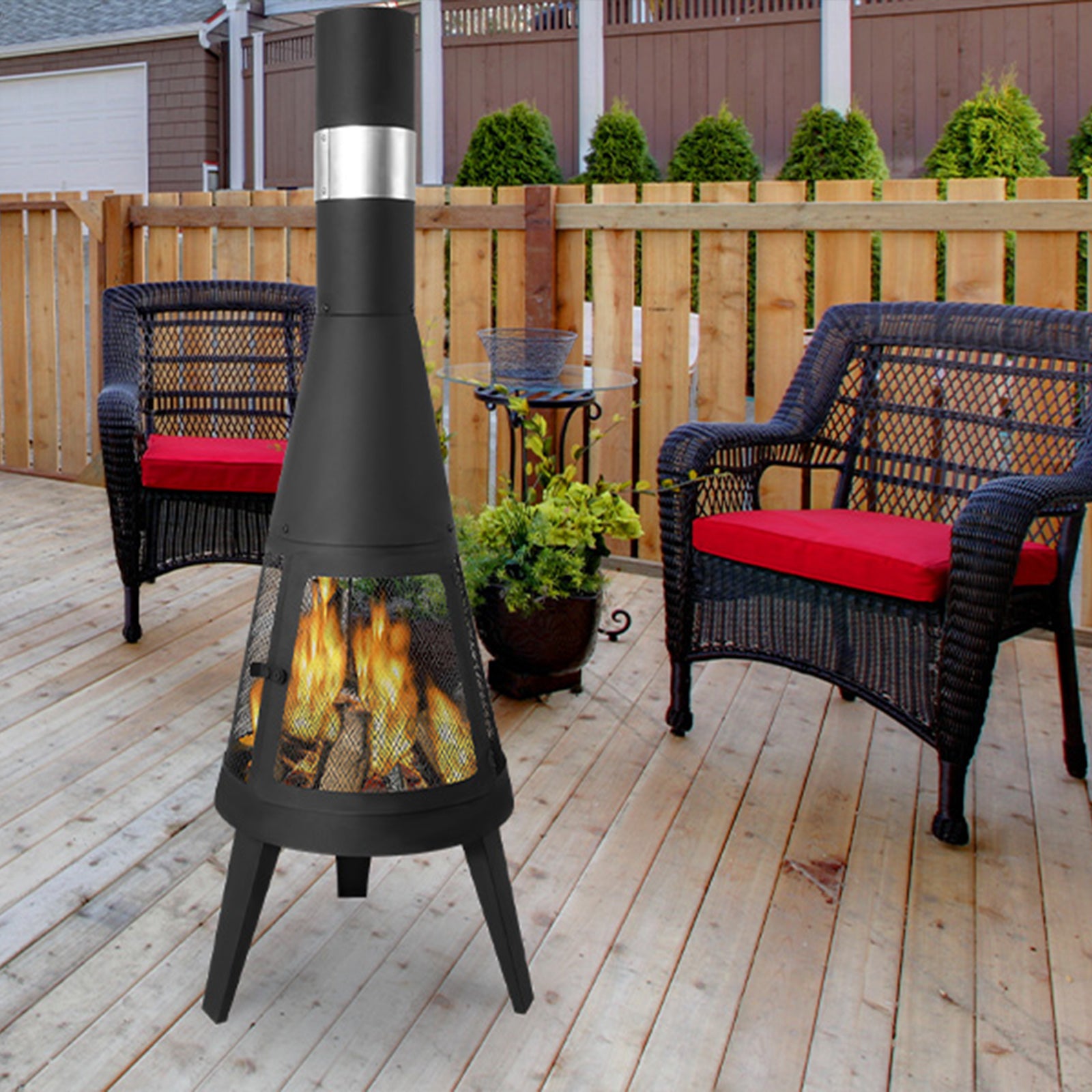 (Out of Stock) Chiminea Outdoor Fireplace 47.6" Metal Wood Burning Fire Pit with Log Grate, Black