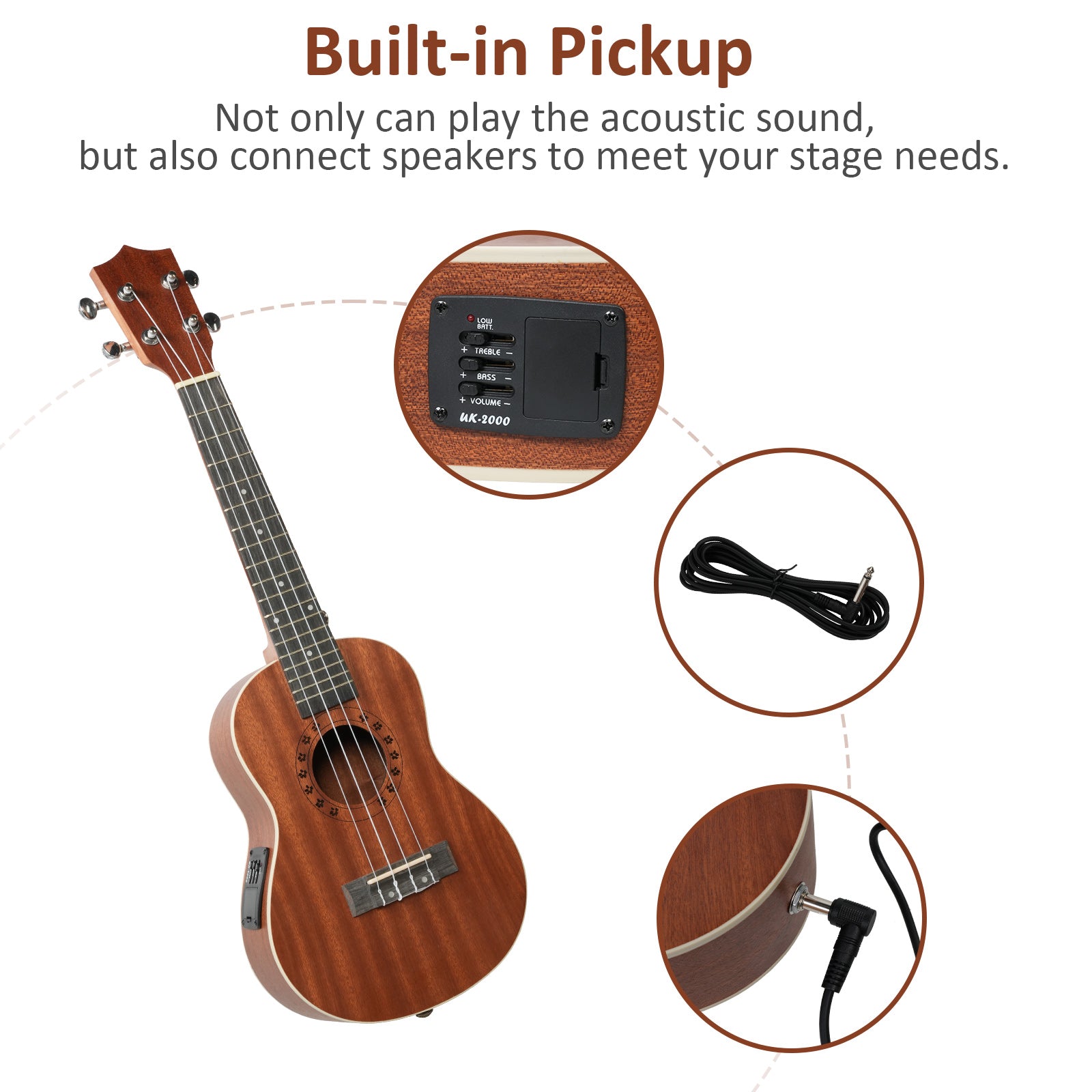 (Out of Stock) 23-inch Mahogany Wood Ukulele, Wooden Electric Ukulele Starter for Adult Practice or Performance, with Tuner Tape and Full Accessories