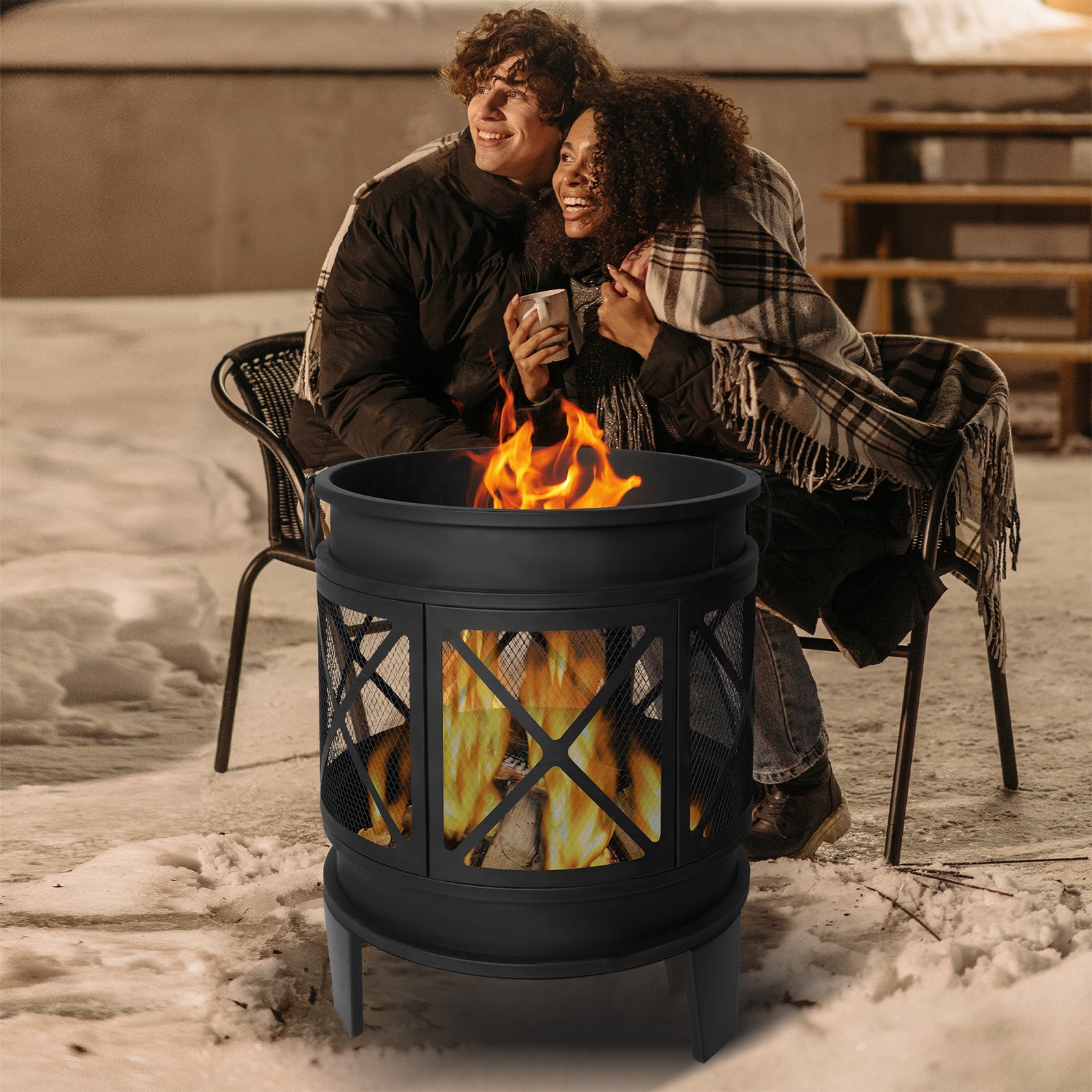 Barrel Outdoor Wood Burning Fire Pit 23.2" Patio Fireplace with Spark Screen and Poker