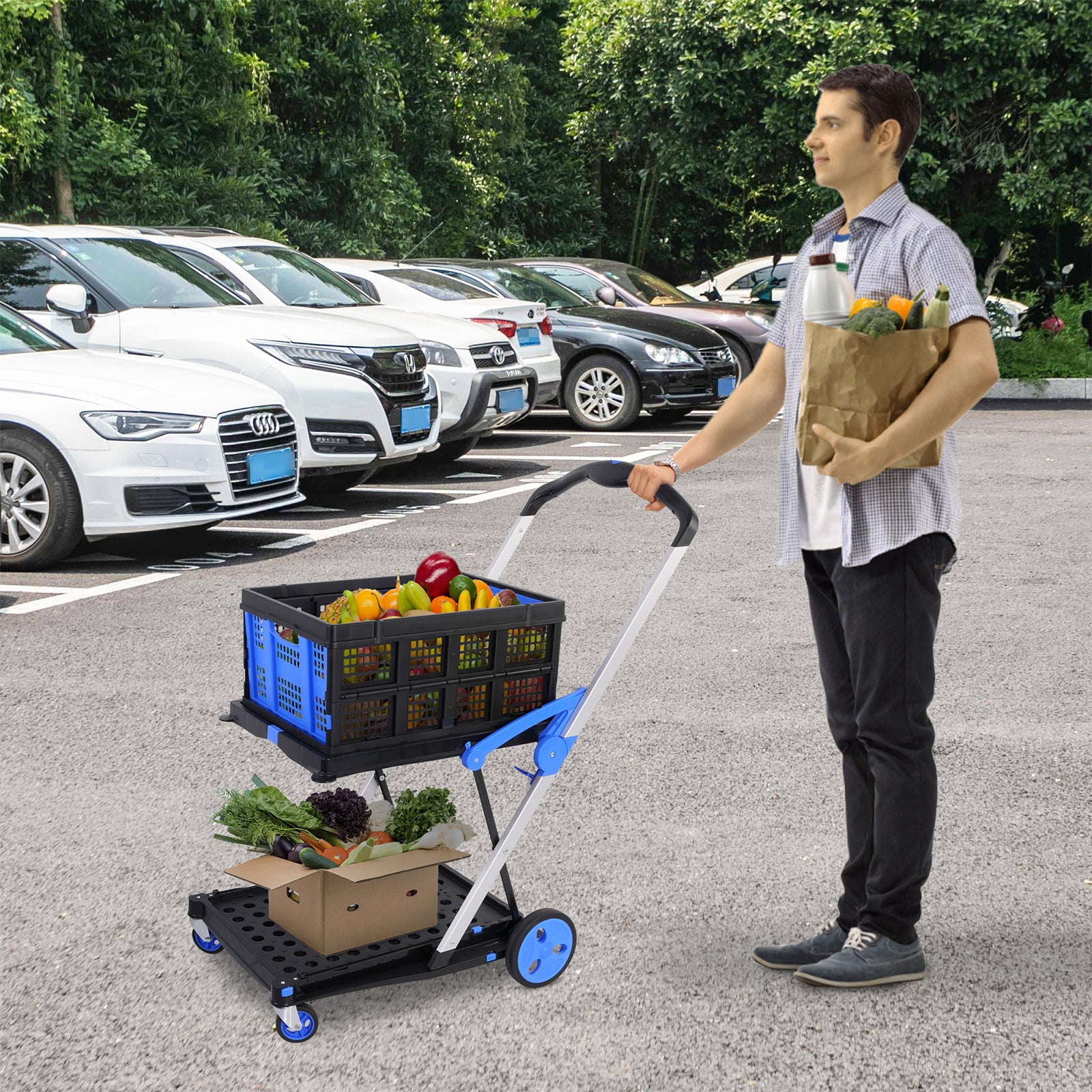 2-Tier Collapsible Cart with Crate Multi-Functional Foldable Trolley with Rolling Swivel Wheels