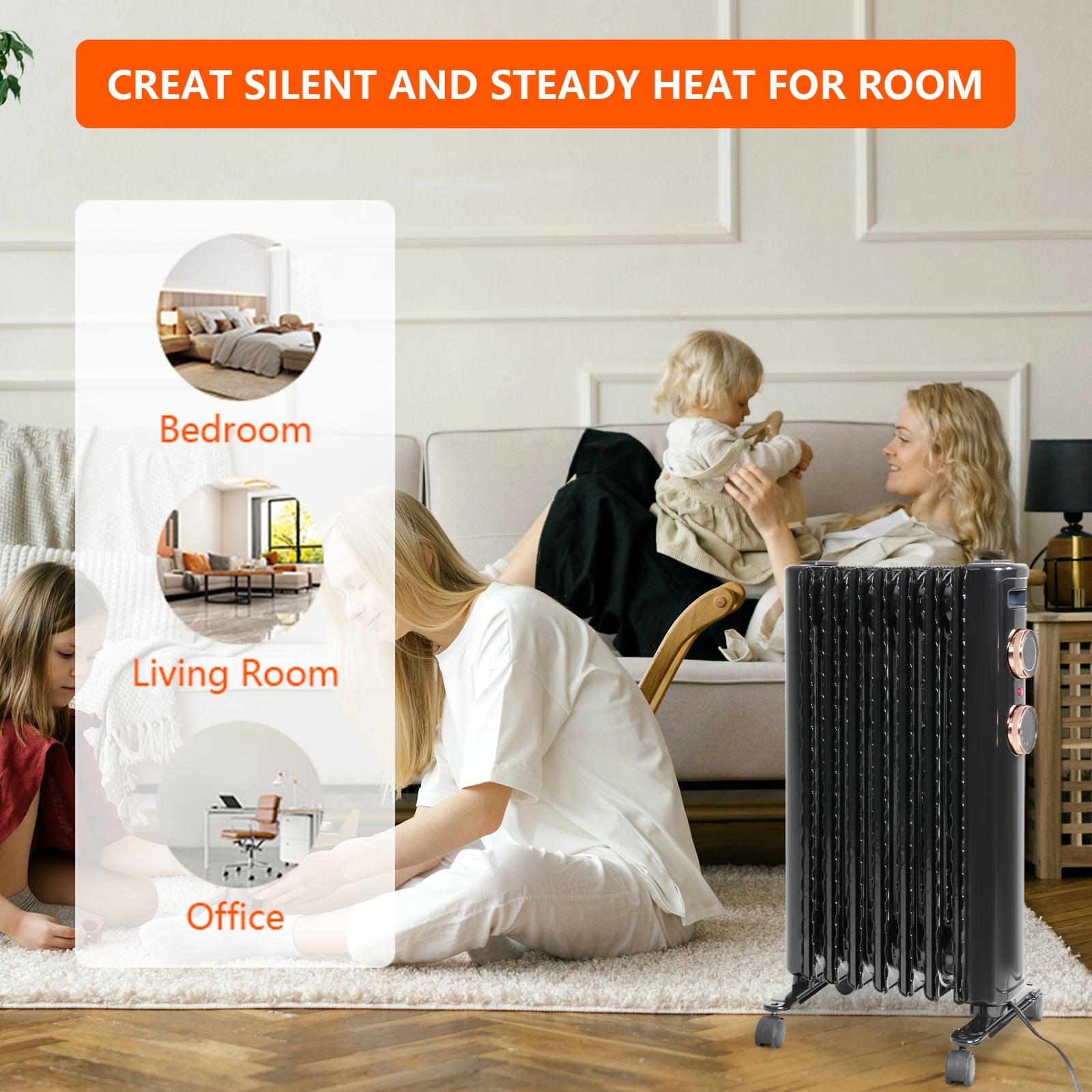 1500W Portable Electric Radiator Oil Filled Heater With 3 Heating Modes, Adjustable Thermostat, Black