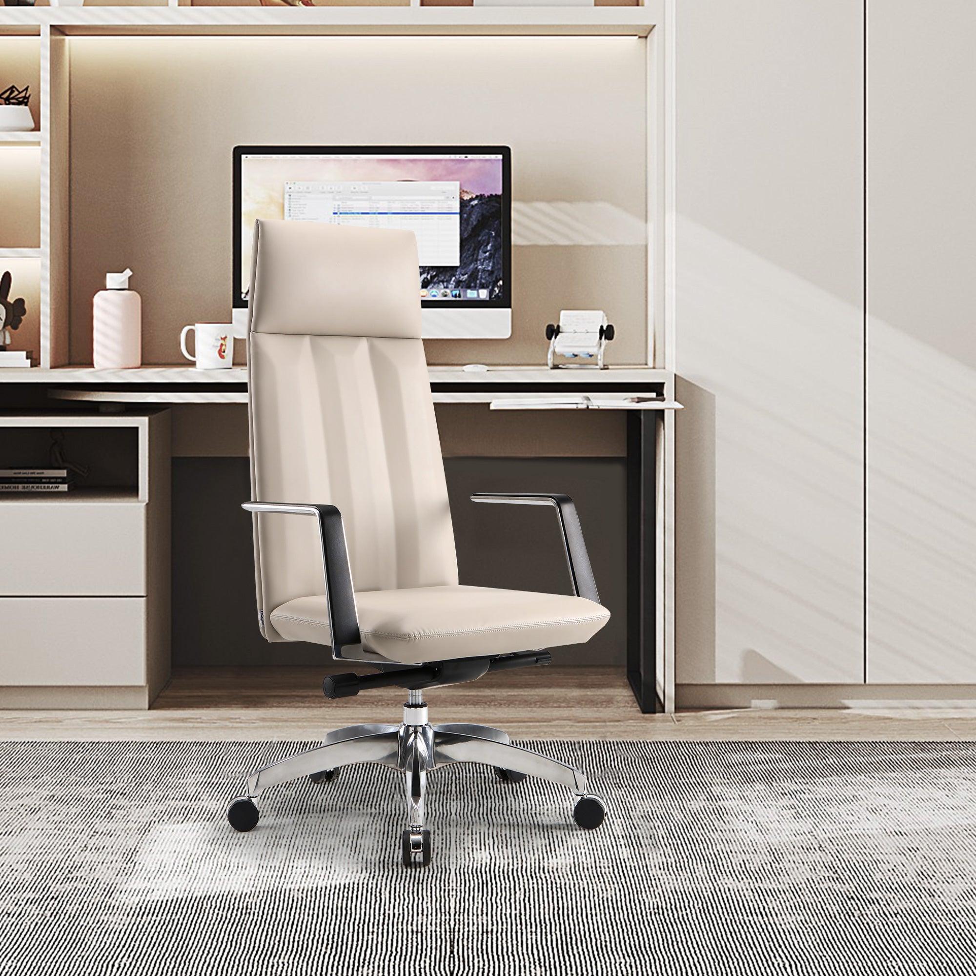 High Back Chair, Ergonomic Leather Office Chair, Office Chair with Adjustable Height and Tilt Function, 360° Swivel, Large Tall Computer Chair, White