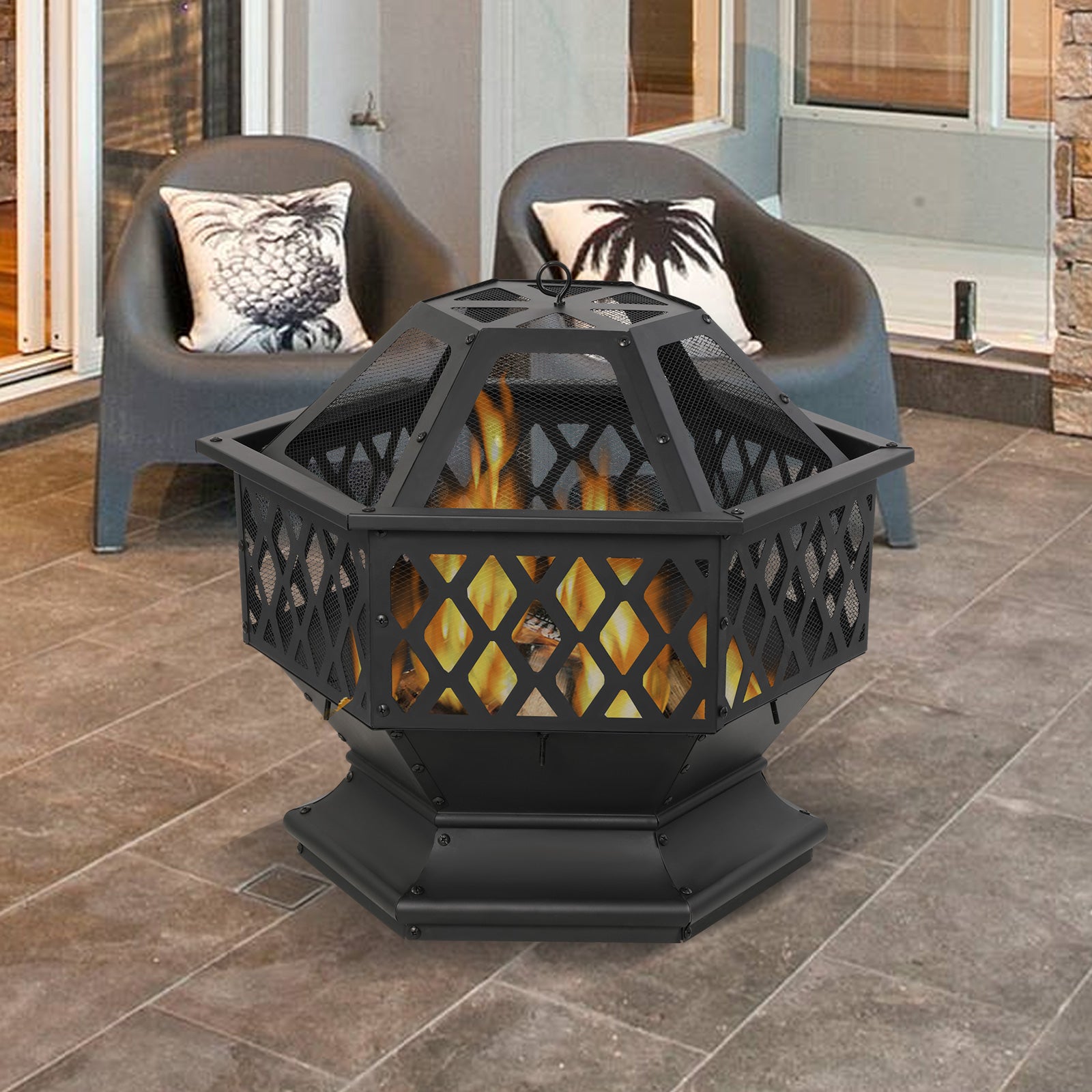 Hex Outdoor Wood Burning Fire Pit 27.6" Patio Fireplace with Spark Screen and Poker