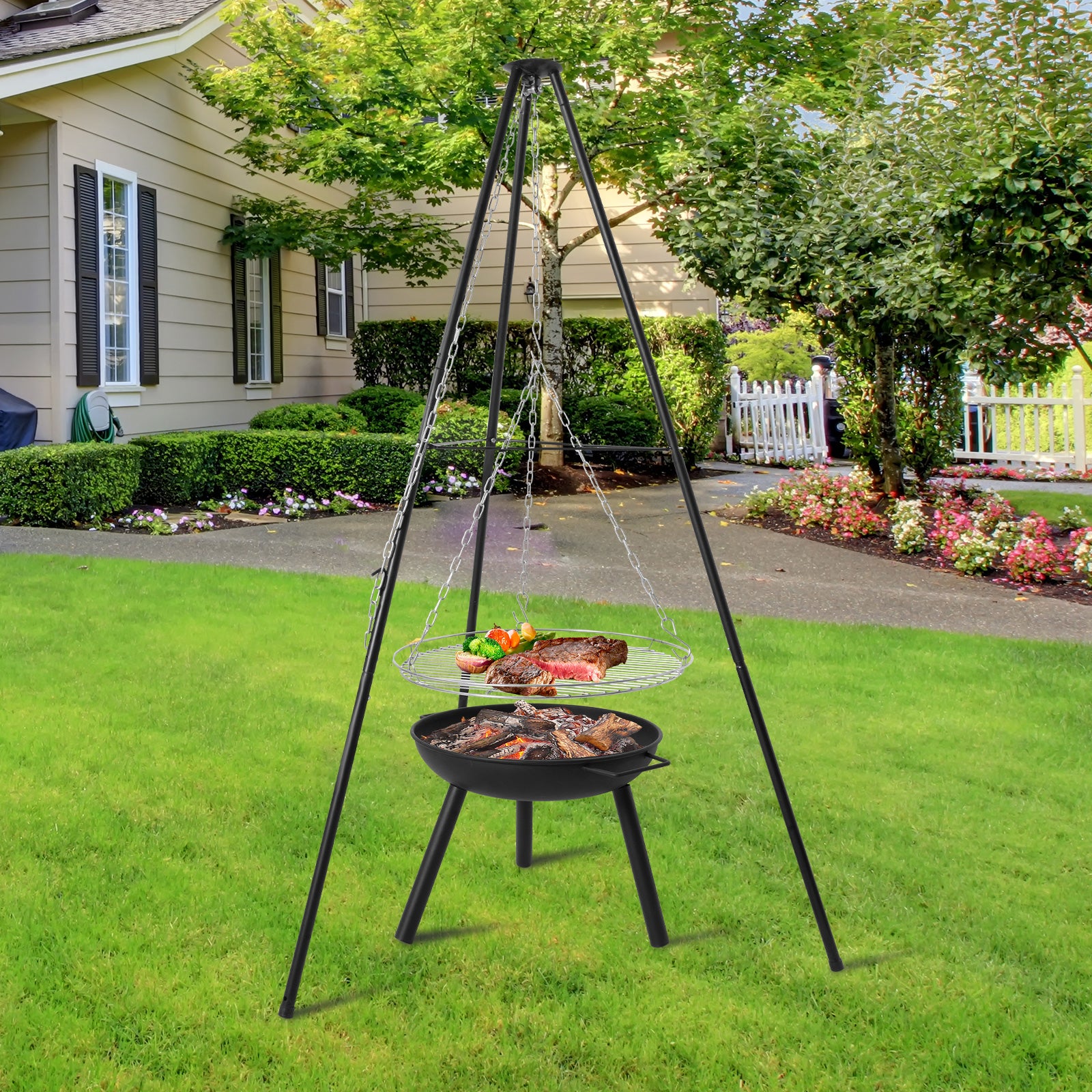 (Out of Stock) Outdoor Height Adjustable Wood Burning Fire Pit Tripod Cooking Grill with Round Grill Grate