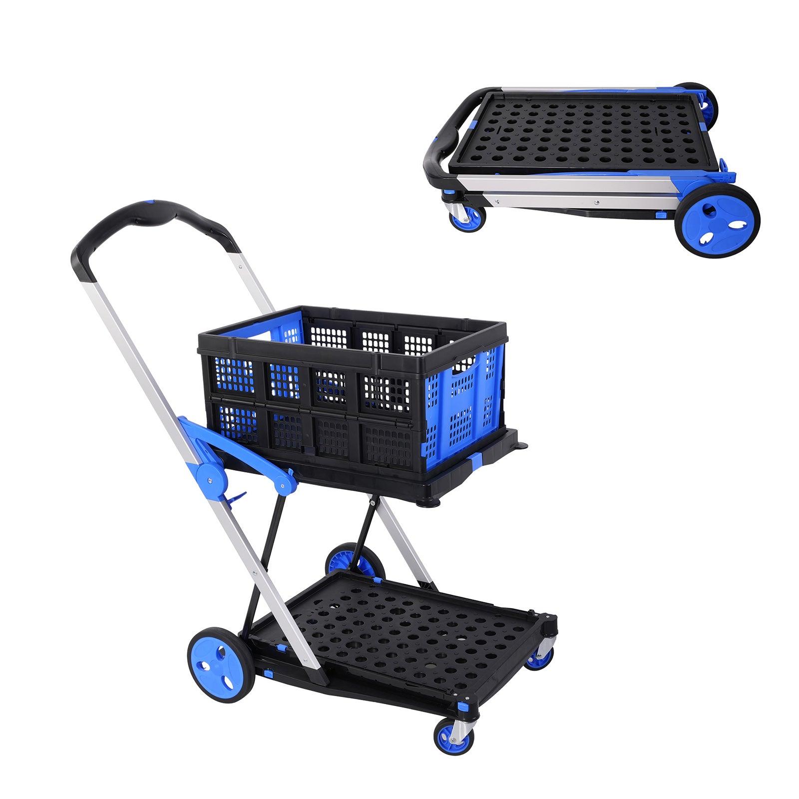 2-Tier Collapsible Cart with Crate Multi-Functional Foldable Trolley with Rolling Swivel Wheels