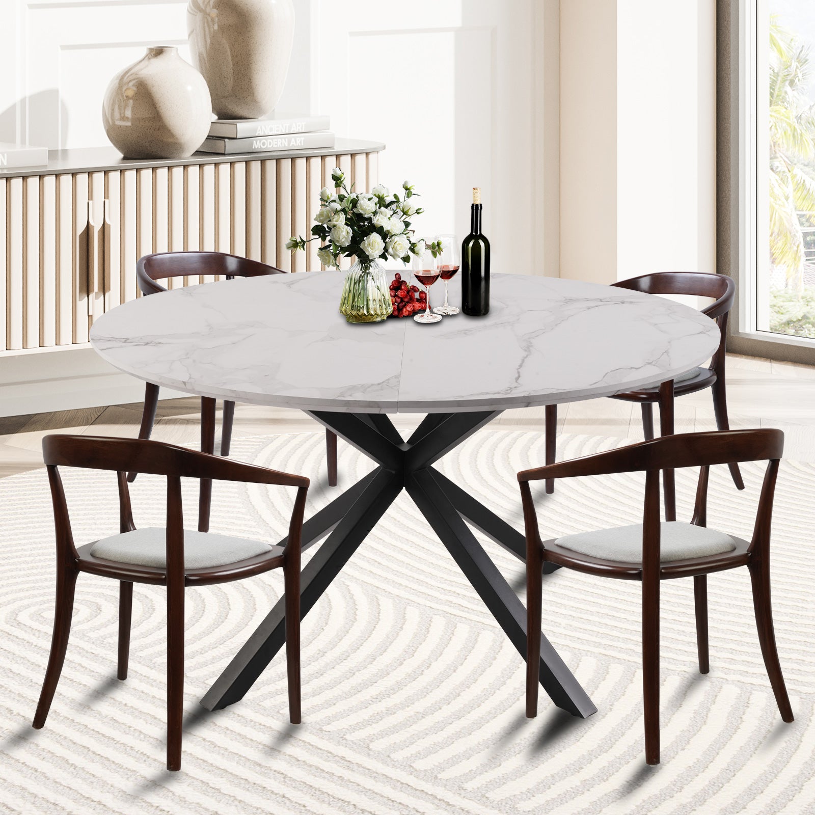 53" Mid-Century Modern Round Dining Room Table for 4-6 Person W/Solid Metal Legs, Marble Texture