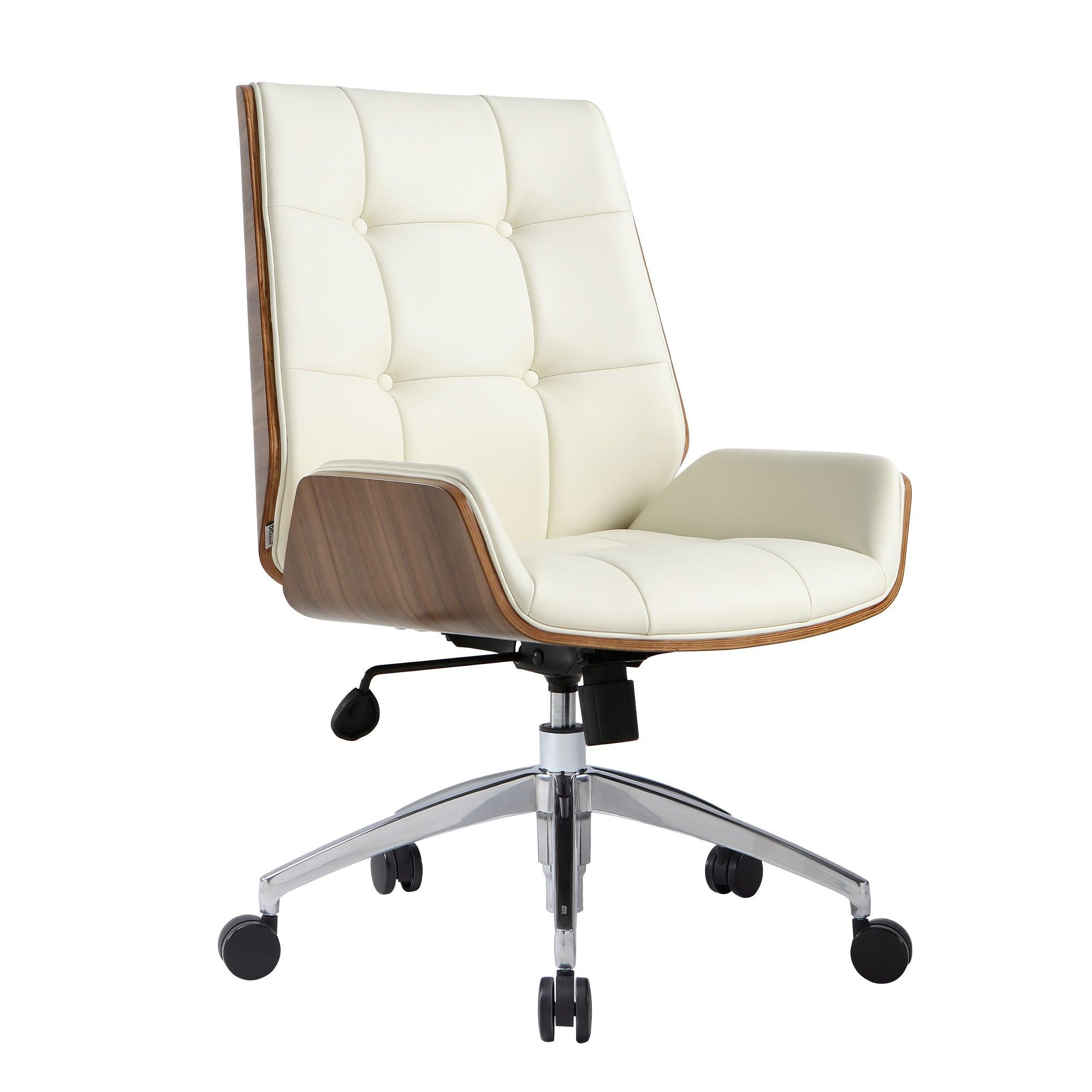 Executive Office Chair with Adjustable Height, Tilt Function, Solid Wood Arms and Base, 360° Swivel - Leather Office Chair for Office and Home Work in White