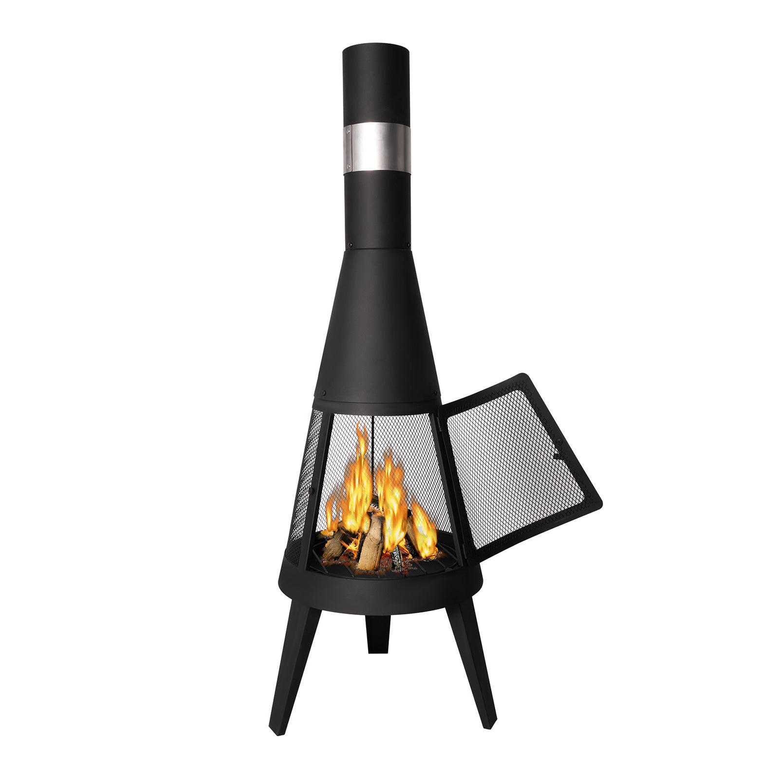 Chiminea Outdoor Fireplace 47.6" Metal Wood Burning Fire Pit with Log Grate, Black