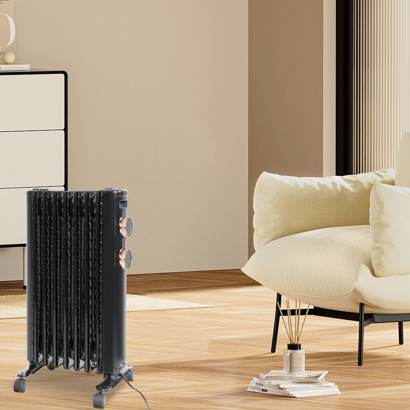 1500W Portable Electric Radiator Oil Filled Heater With 3 Heating Modes, Adjustable Thermostat, Black