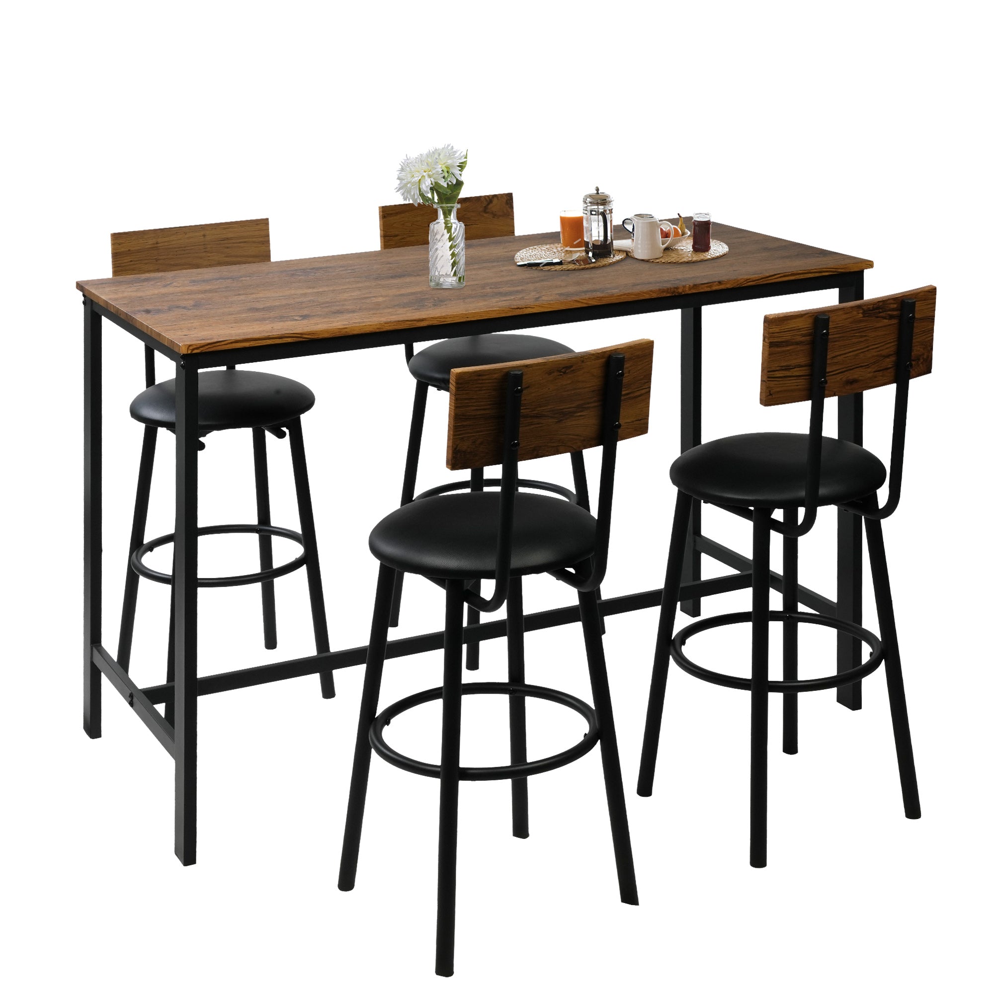 5 Piece Dining Bar Table Set with 4 Upholstered Bar Stools, Mid Century Pub Stool Dining Table for 4, Rustic Brown