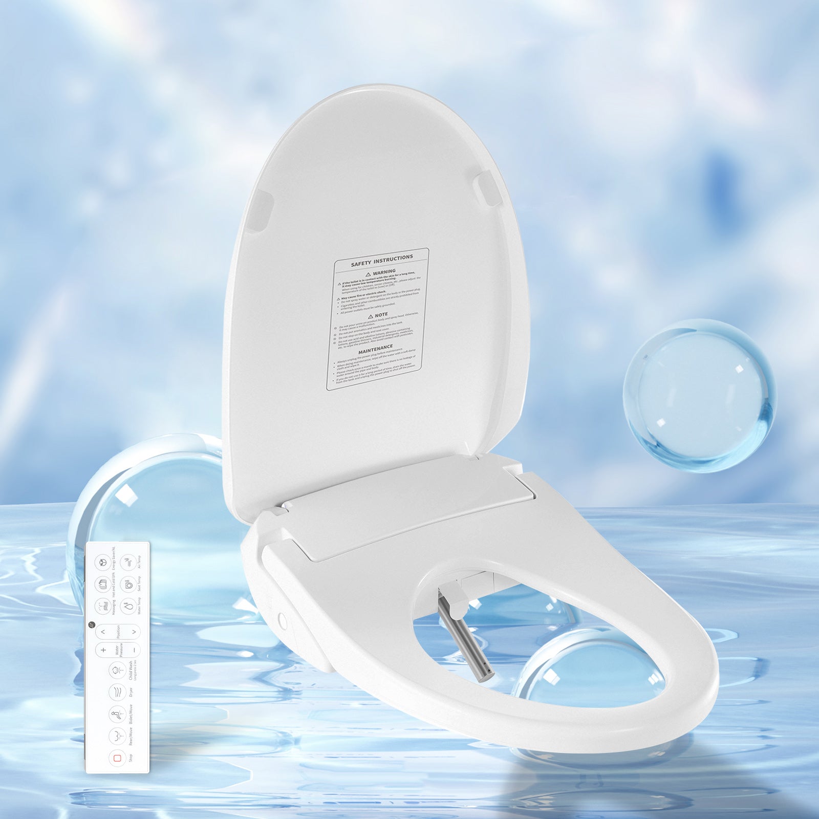 Electric Bidet Fits Elongated Toilets with Wireless Remote Control, Adjustable Nozzle, Multiple Spray Modes, Warm Air Dryer, Nightlight