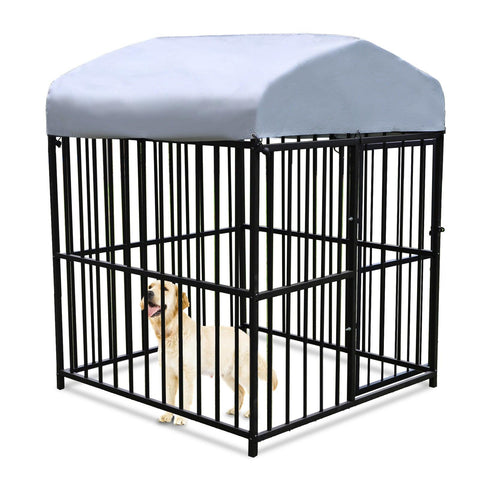 4.9'x4.9'x5.9' Outdoor Medium Wrought Iron Kennel Enclosure, Heavy Duty Playpen Pet Kennel with Waterproof UV Resistant Cover and Security Lock, Black