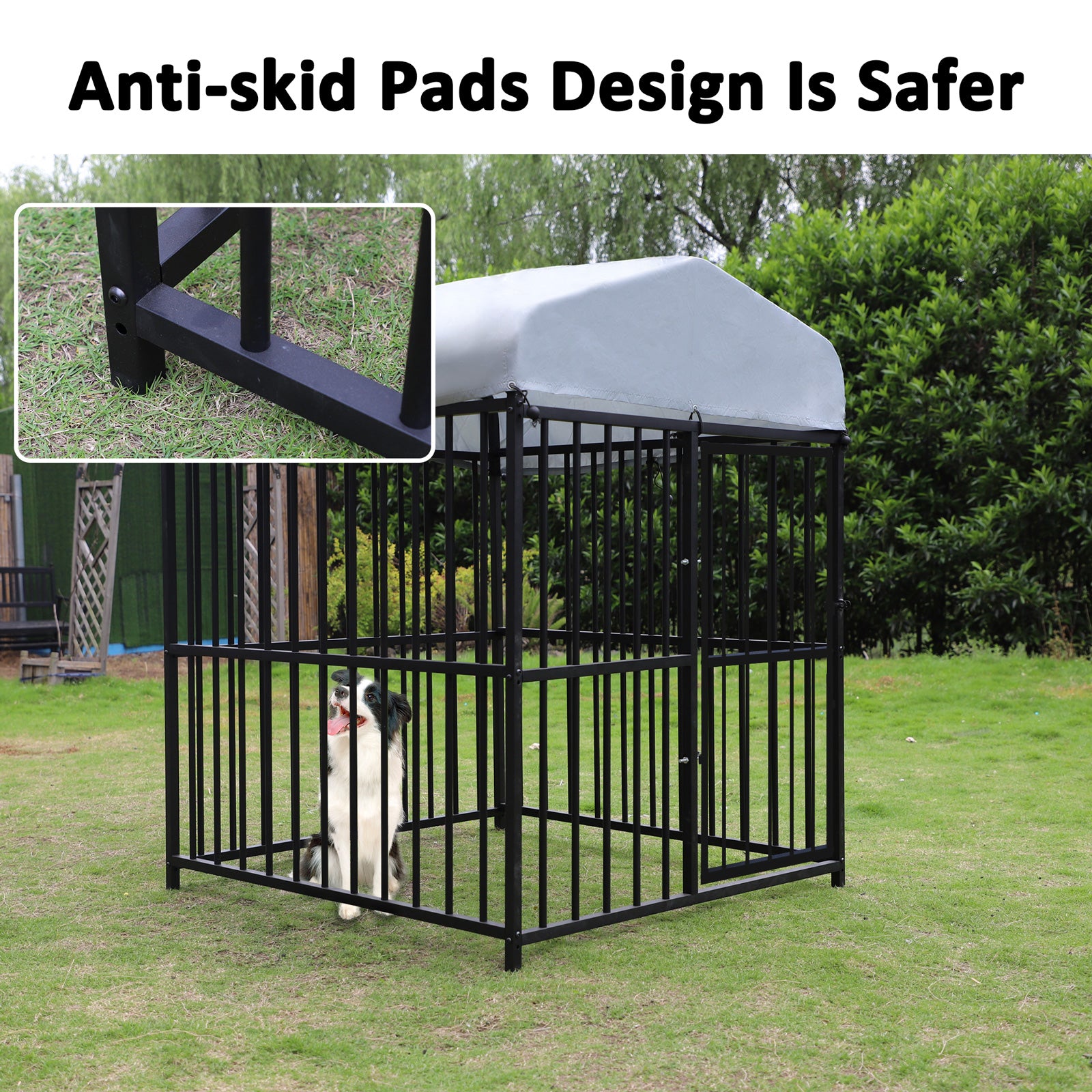 4.9'x4.9'x5.9' Outdoor Medium Wrought Iron Kennel Enclosure, Playpen Pet Kennel with Waterproof UV Resistant Cover and Security Lock, Black