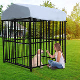4.9'x4.9'x5.9' Outdoor Medium Wrought Iron Kennel Enclosure, Heavy Duty Playpen Pet Kennel with Waterproof UV Resistant Cover and Security Lock, Black