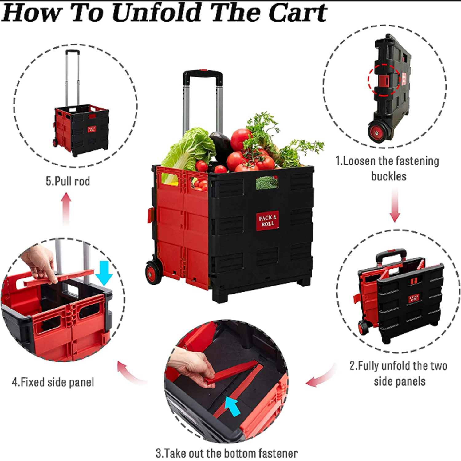 6 Pack Collapsible Rolling Crate Utility Cart 56L Foldable Grocery Cart with Wheels (Red, Large)