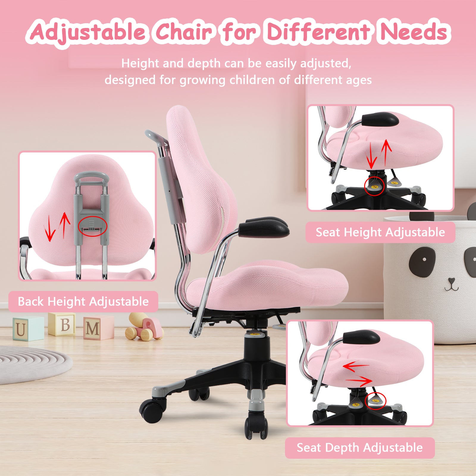 Ergonomic Children Kids Study Desk Chair Swivel Chair with Adjustable Height Mesh Mid-Back, Pink