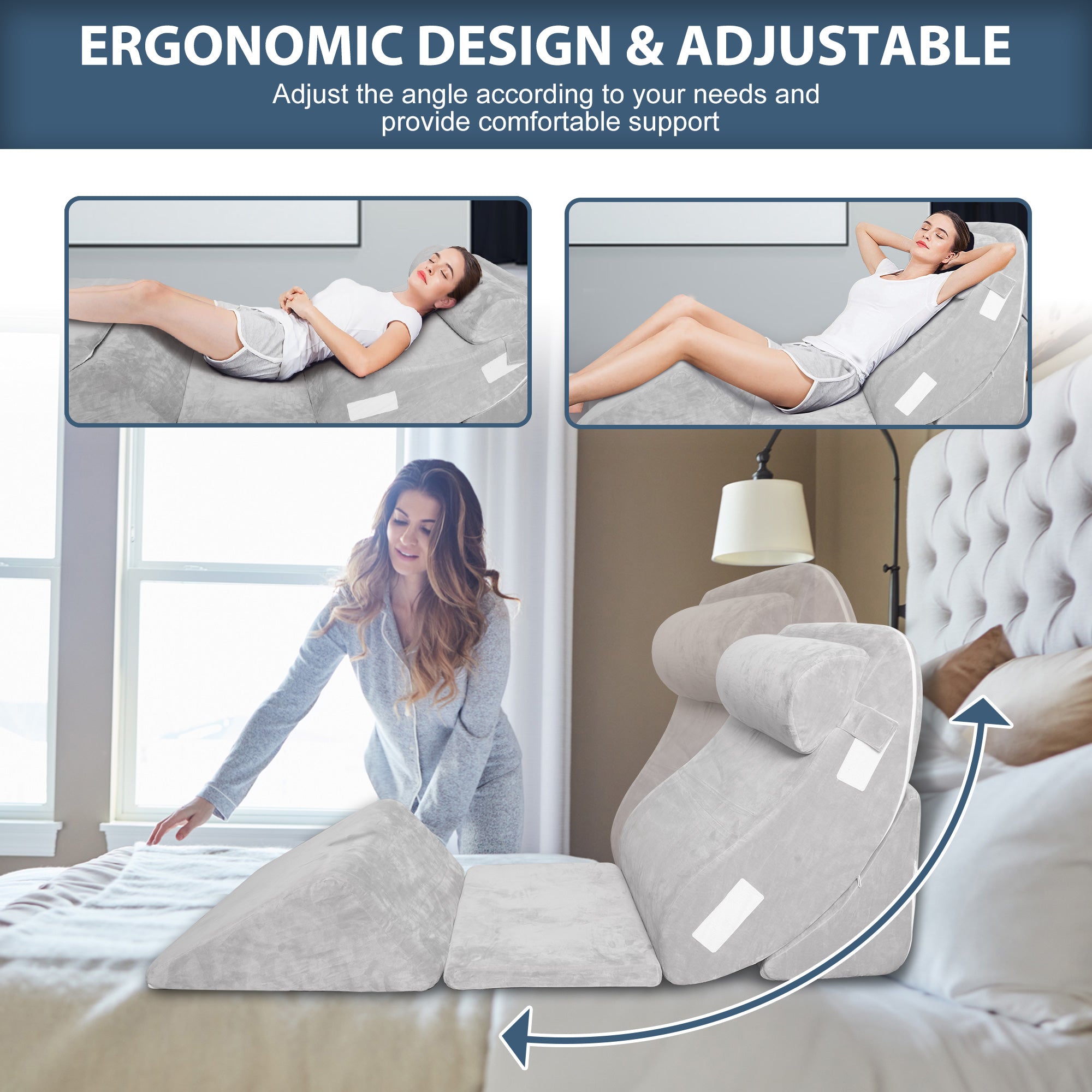 Complete Orthopedic Bed Wedge Pillow Set - 6PCS for Sleeping, Post Surgery Recovery, Back & Leg Pain Relief, Acid Reflux, GERD