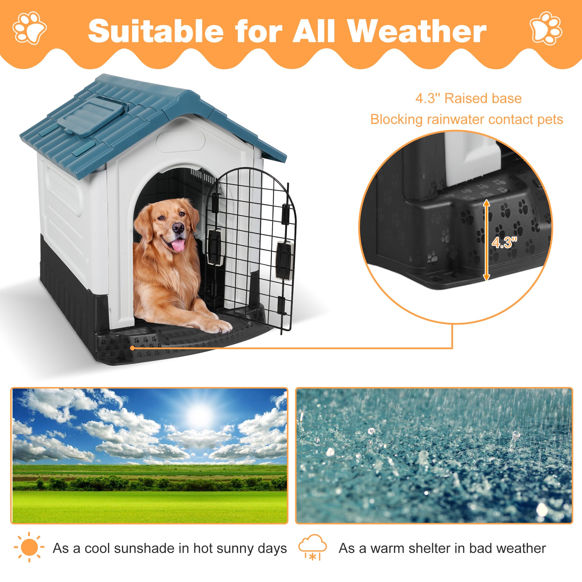 Outdoor Blue Sloped Roof 46.4" Height Large Dog House Plastic Waterproof Kennel with Air Vents