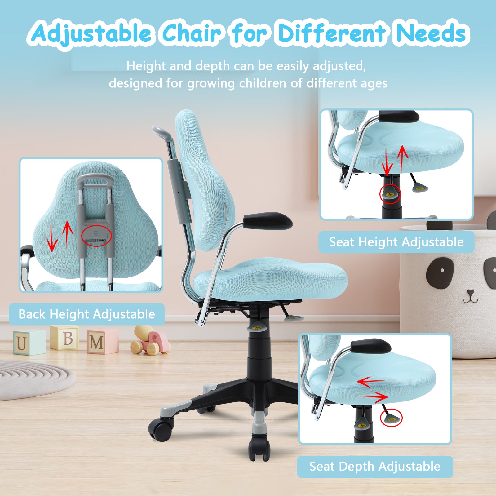 Ergonomic Children Kids Study Desk Chair Swivel Chair with Adjustable Height Mesh Mid-Back, Blue