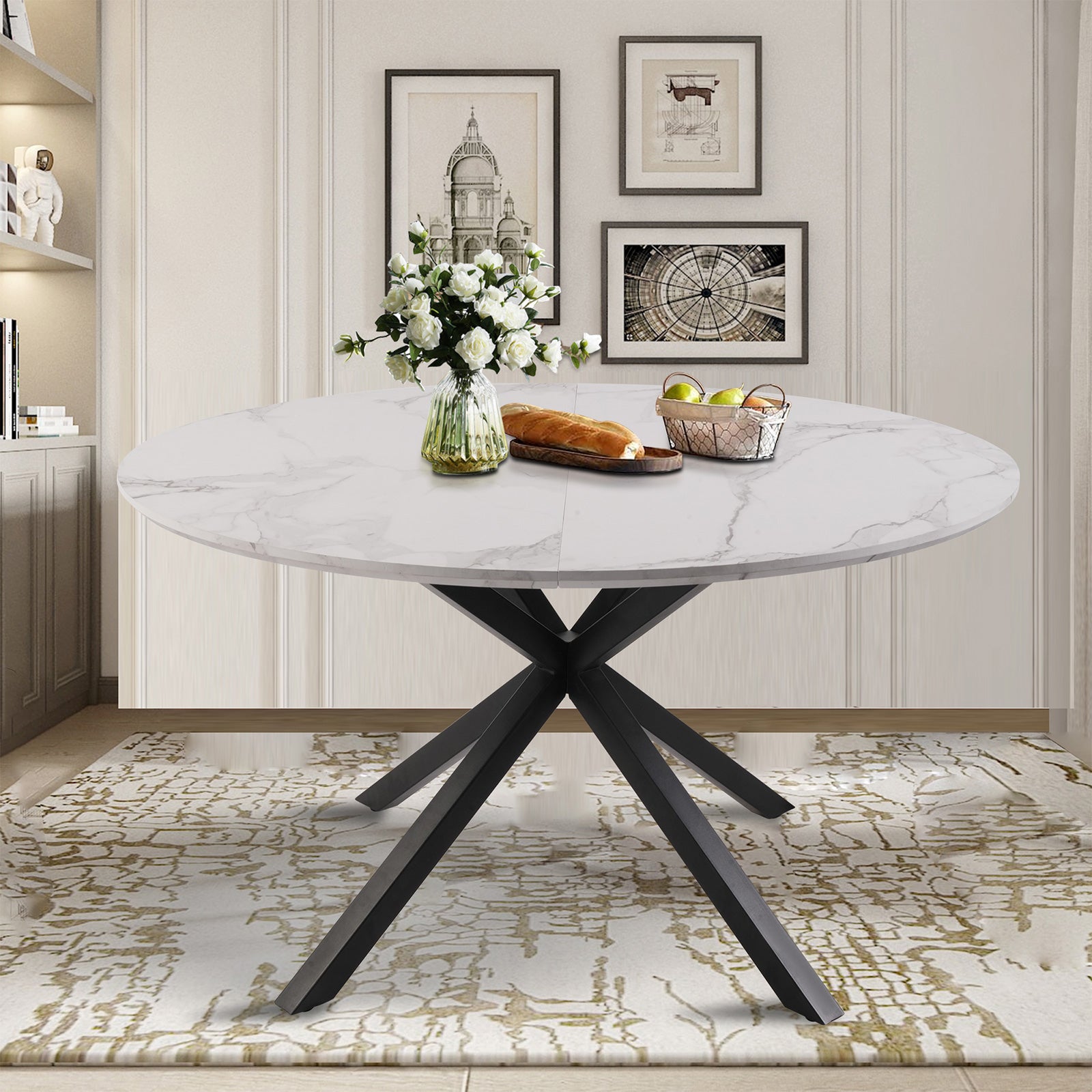 53" Mid-Century Modern Round Dining Table for 4-6 Person W/Solid Metal Legs, Marble Texture