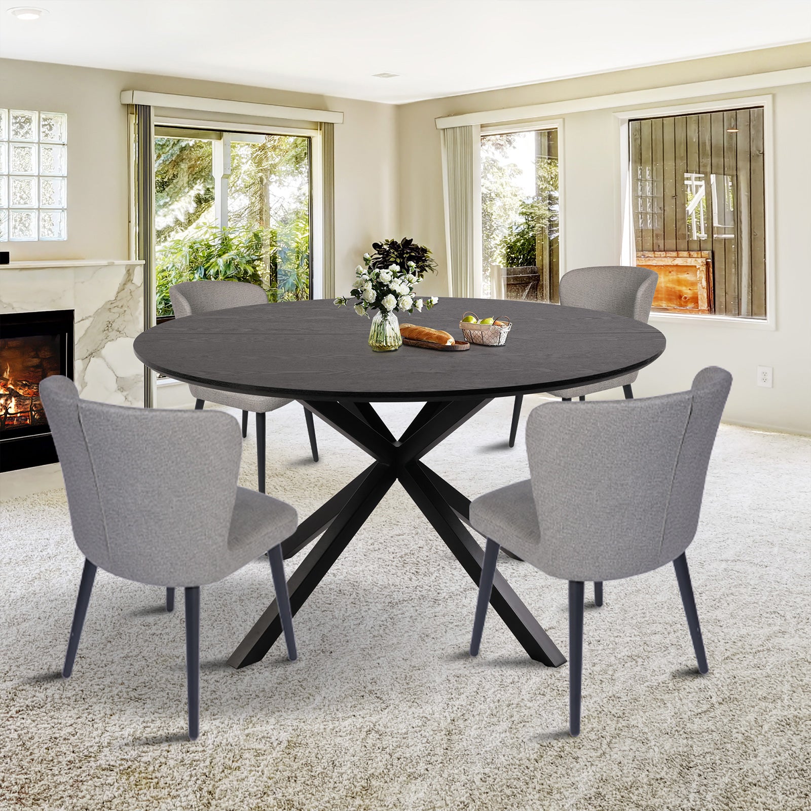 53" Mid-Century Modern Round Dining Room Table for 4-6 Person W/Solid Metal Legs, Black Wood Grain