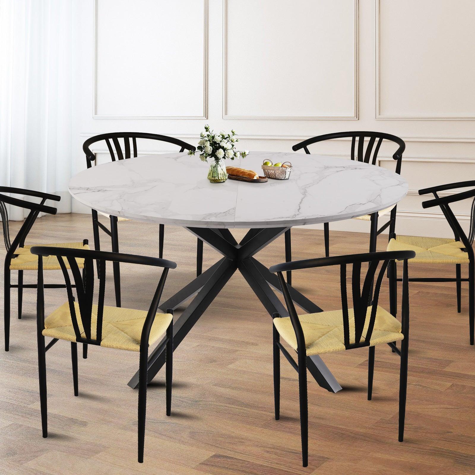 53" Mid-Century Modern Round Dining Table for 4-6 Person W/Solid Metal Legs, Marble Texture