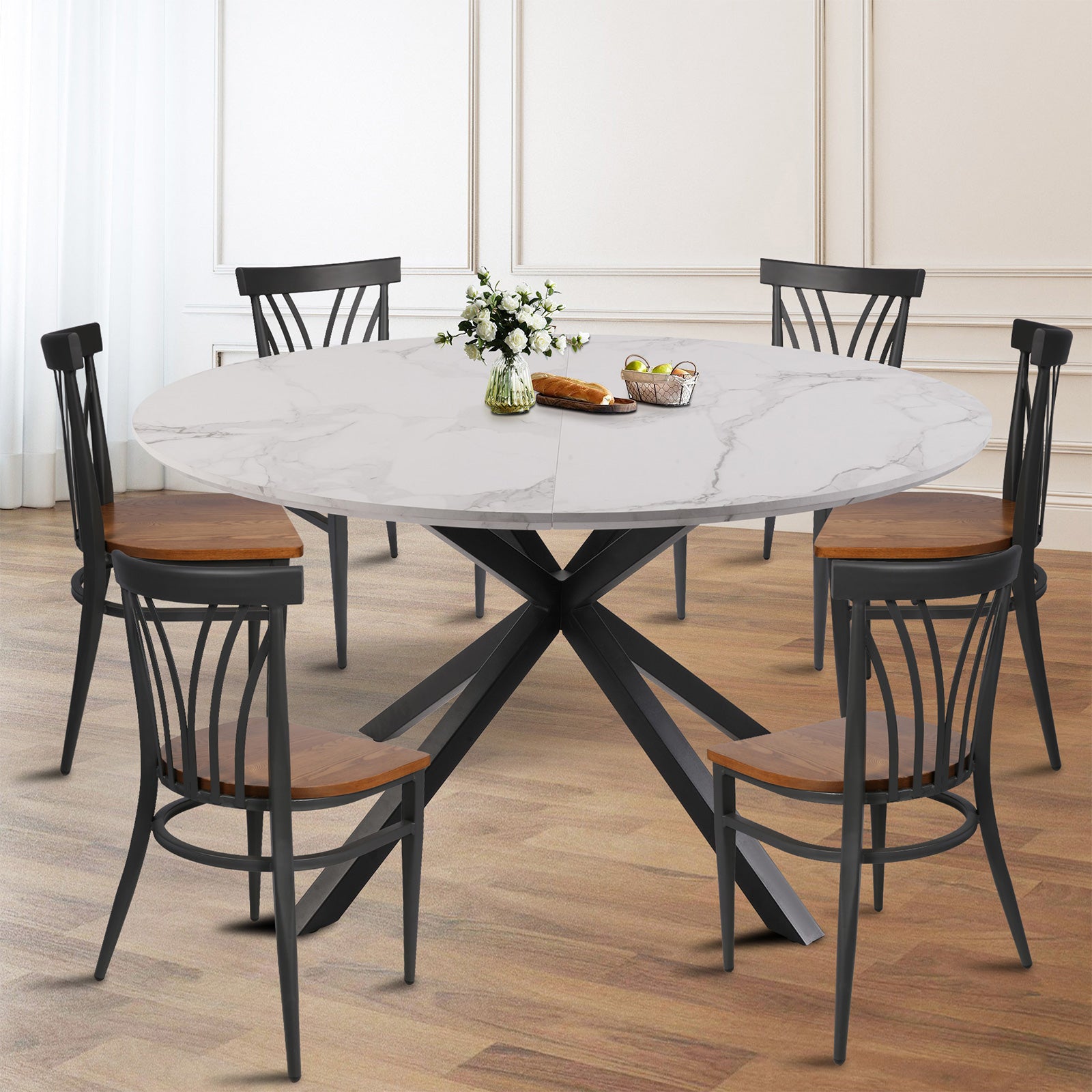 53" Mid-Century Modern Round Dining Table for 4-6 Person W/Solid Metal Legs, Marble Texture