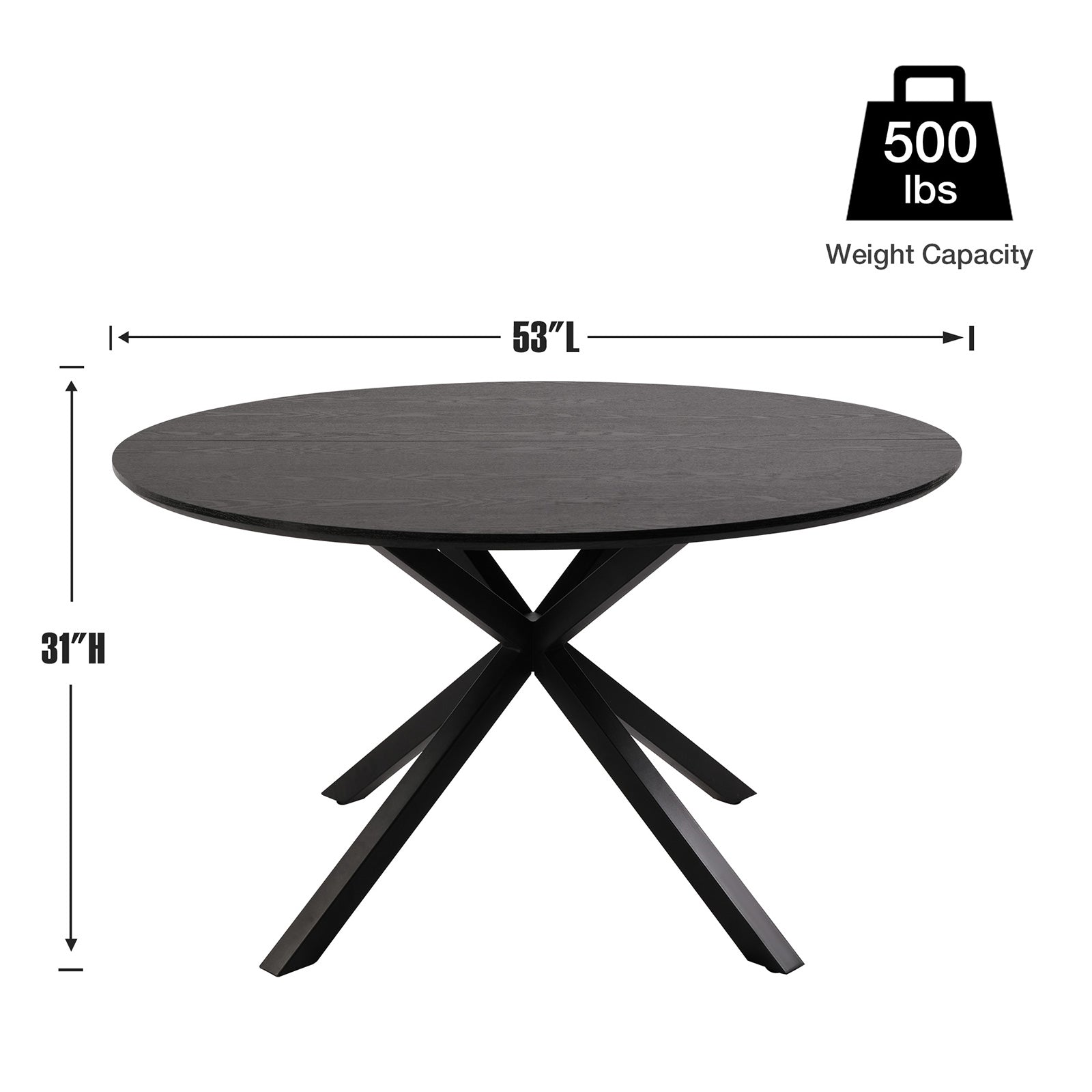 53" Mid-Century Modern Round Dining Room Table for 4-6 Person W/Solid Metal Legs, Black Wood Grain
