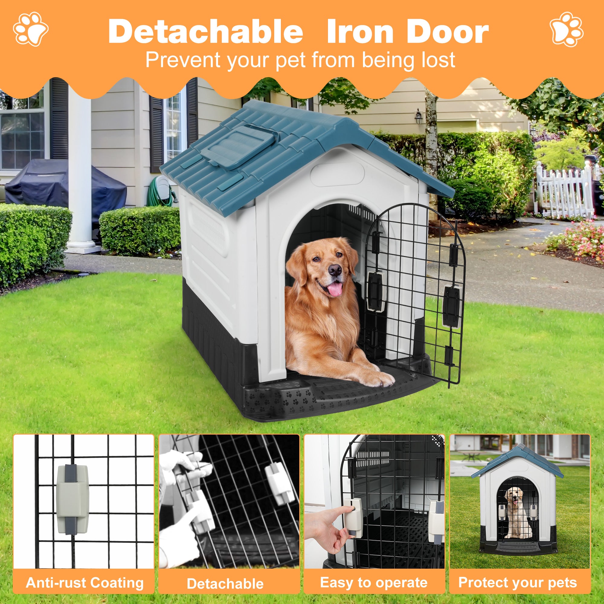Outdoor Blue Sloped Roof 46.4" Height Large Dog House Plastic Waterproof Kennel with Air Vents