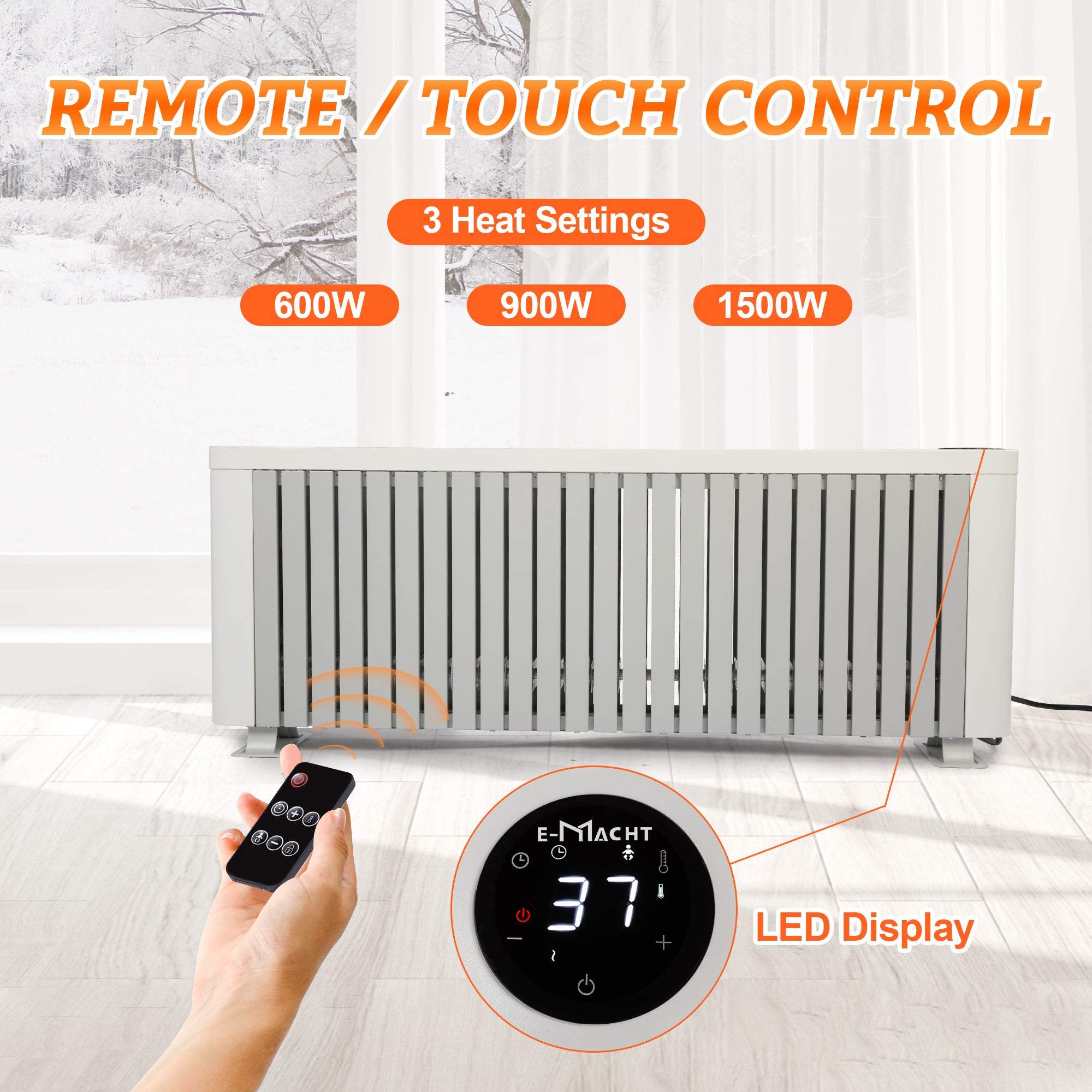 Efficient 1500W Baseboard Electric Heater, Silent Convection Heating, Remote Lock, LED Display, Multi-Protection