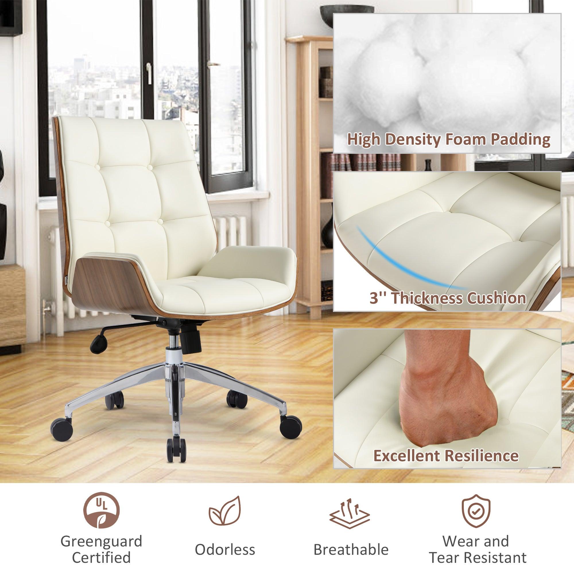 Executive Office Chair with Adjustable Height, Tilt Function, Solid Wood Arms and Base, 360° Swivel - Leather Office Chair for Office and Home Work in White