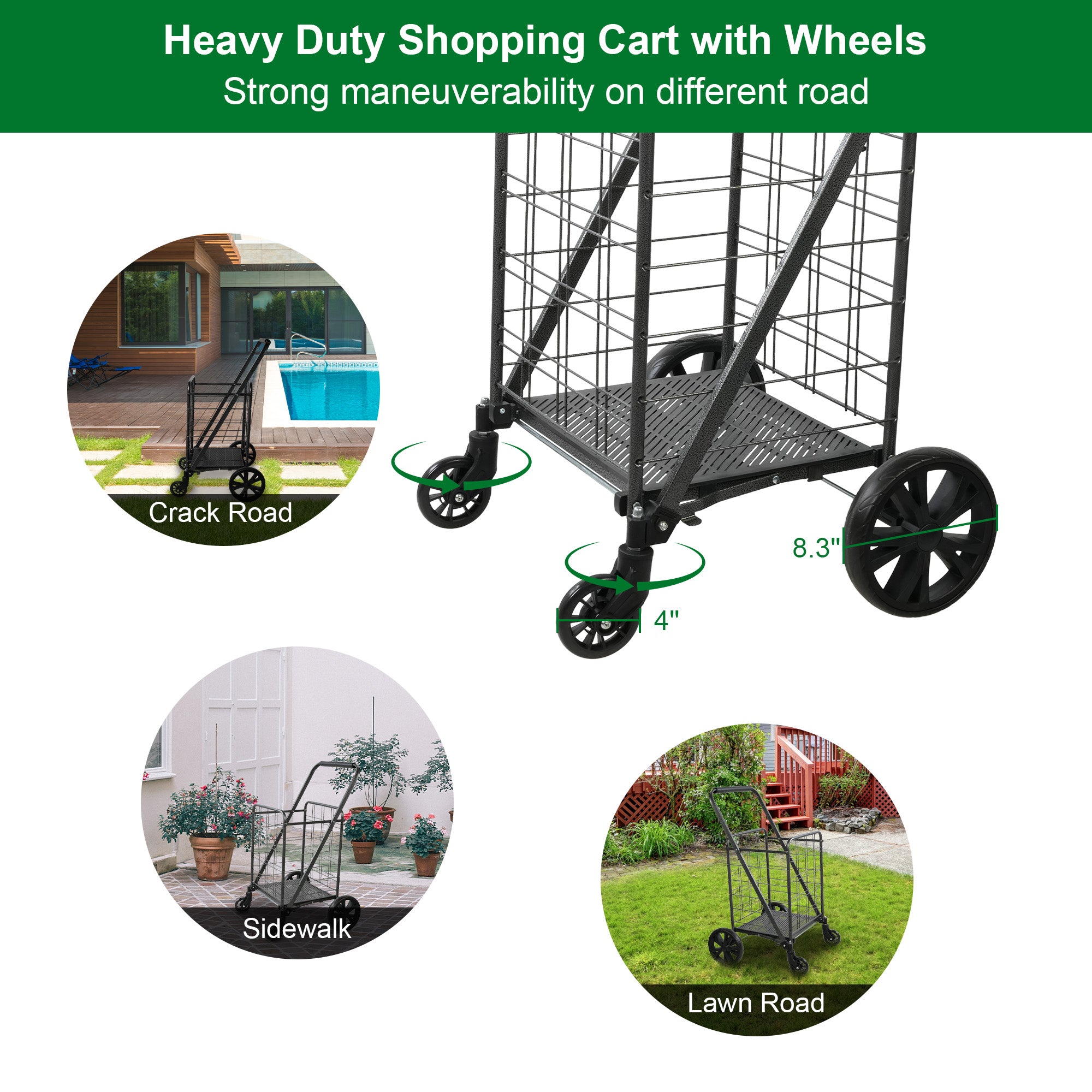 Folding shopping cart with 360° rotating wheels, suitable for grocery, laundry, books, luggage travel, 77 pound capacity, black