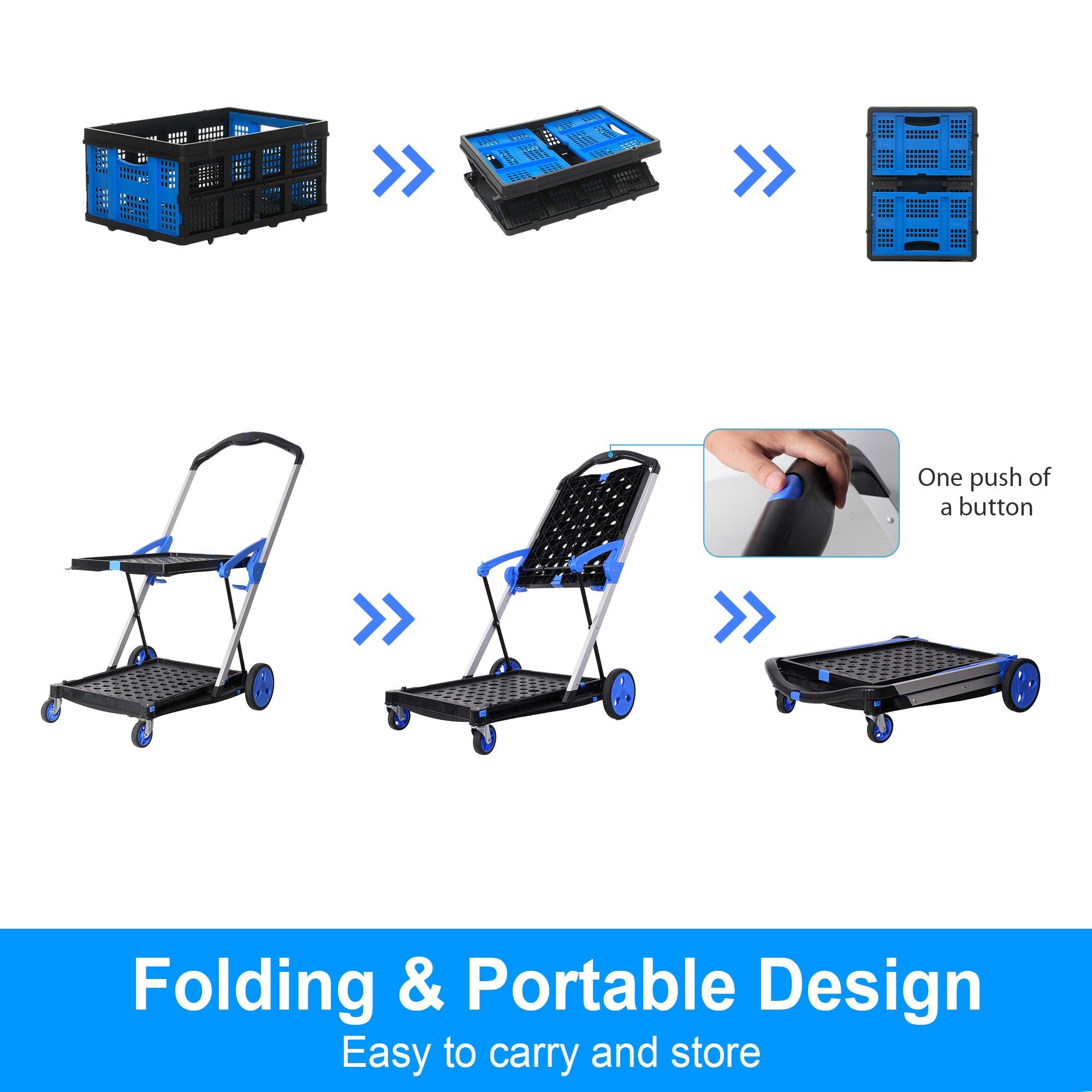 2-Tier Collapsible Cart with Crate Multi-Functional Foldable Trolley with Rolling Swivel Wheels