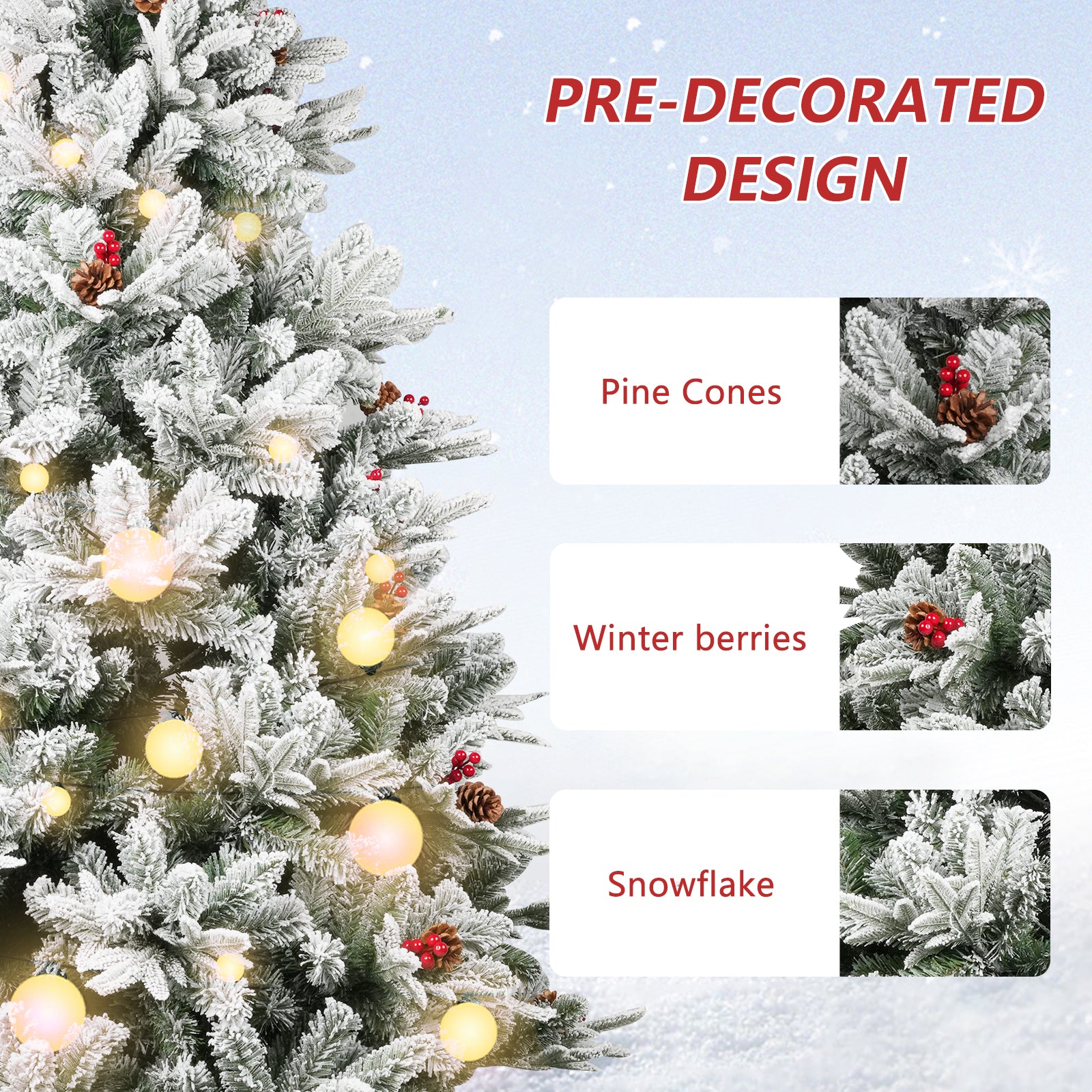 6.9' Artificial Christmas Tree Snow Flocked Xmas Tree with Pine Cones and Red Berries 1150 Branch Tips