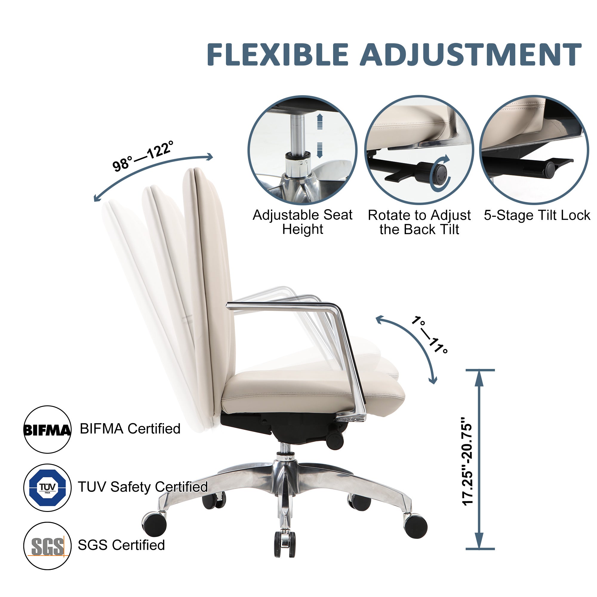 Low Back Chair, Ergonomic Leather Office Chair, Office Chair with Adjustable Height and Tilt Function, 360° Swivel, Large Tall Computer Chair, White