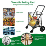 Folding shopping cart with 360 ° rotating wheels, suitable for grocery, laundry, books, luggage travel, 77 pound capacity, black