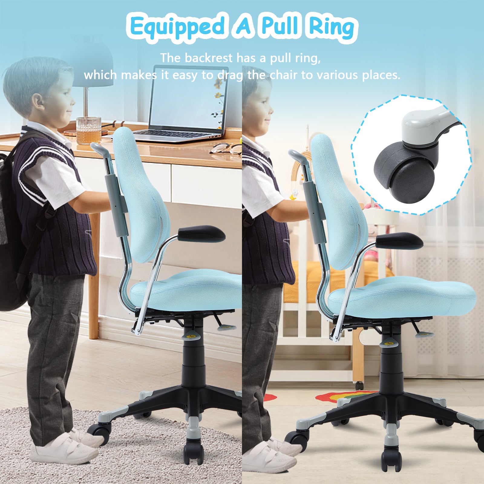 Ergonomic Children Kids Study Desk Chair Swivel Chair with Adjustable Height Mesh Mid-Back, Blue